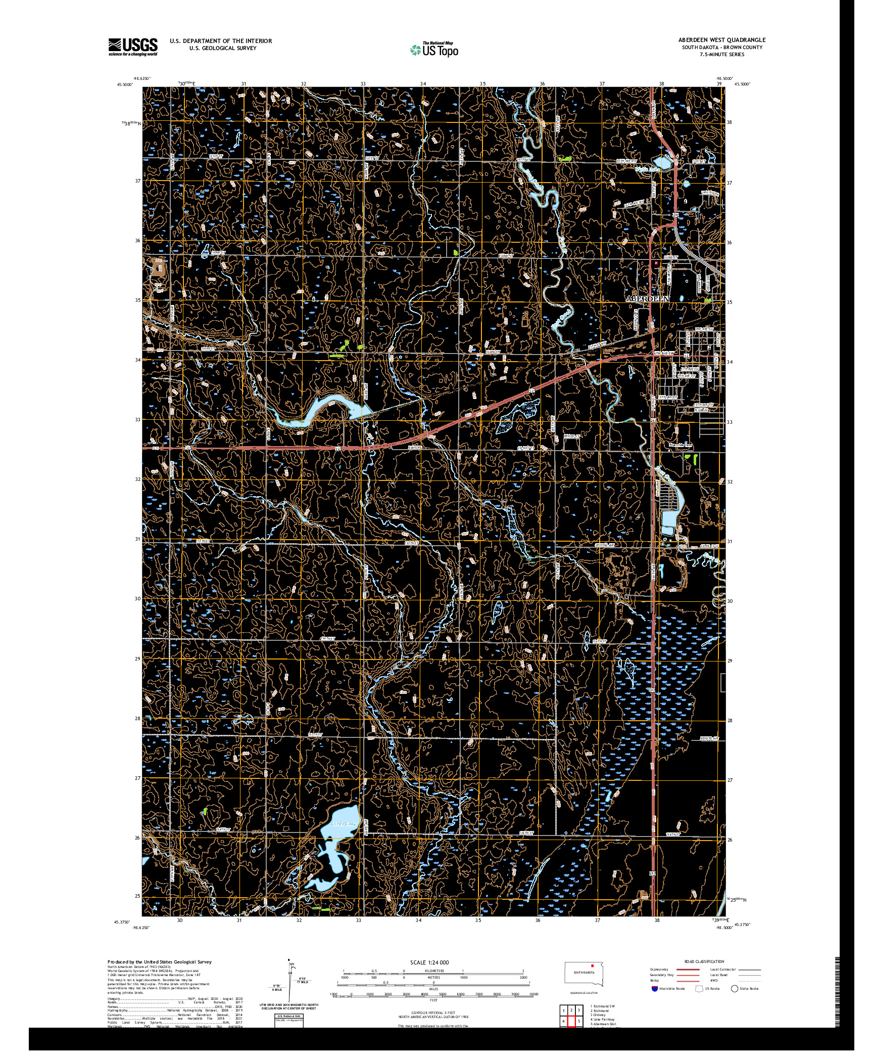 USGS US TOPO 7.5-MINUTE MAP FOR ABERDEEN WEST, SD 2021