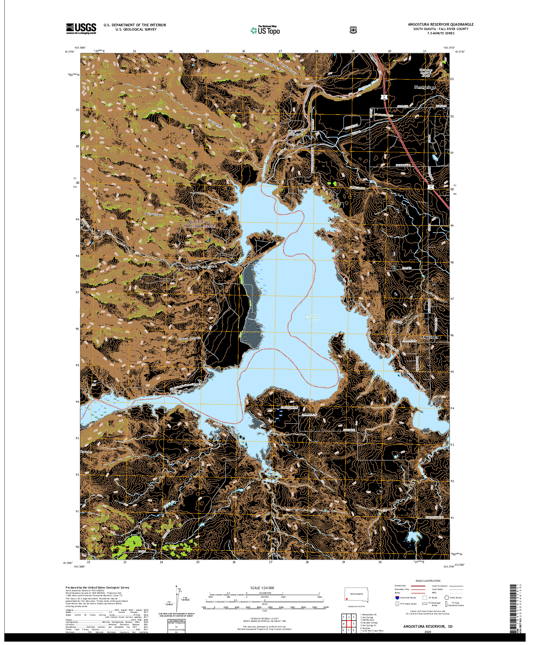 USGS US TOPO 7.5-MINUTE MAP FOR ANGOSTURA RESERVOIR, SD 2021