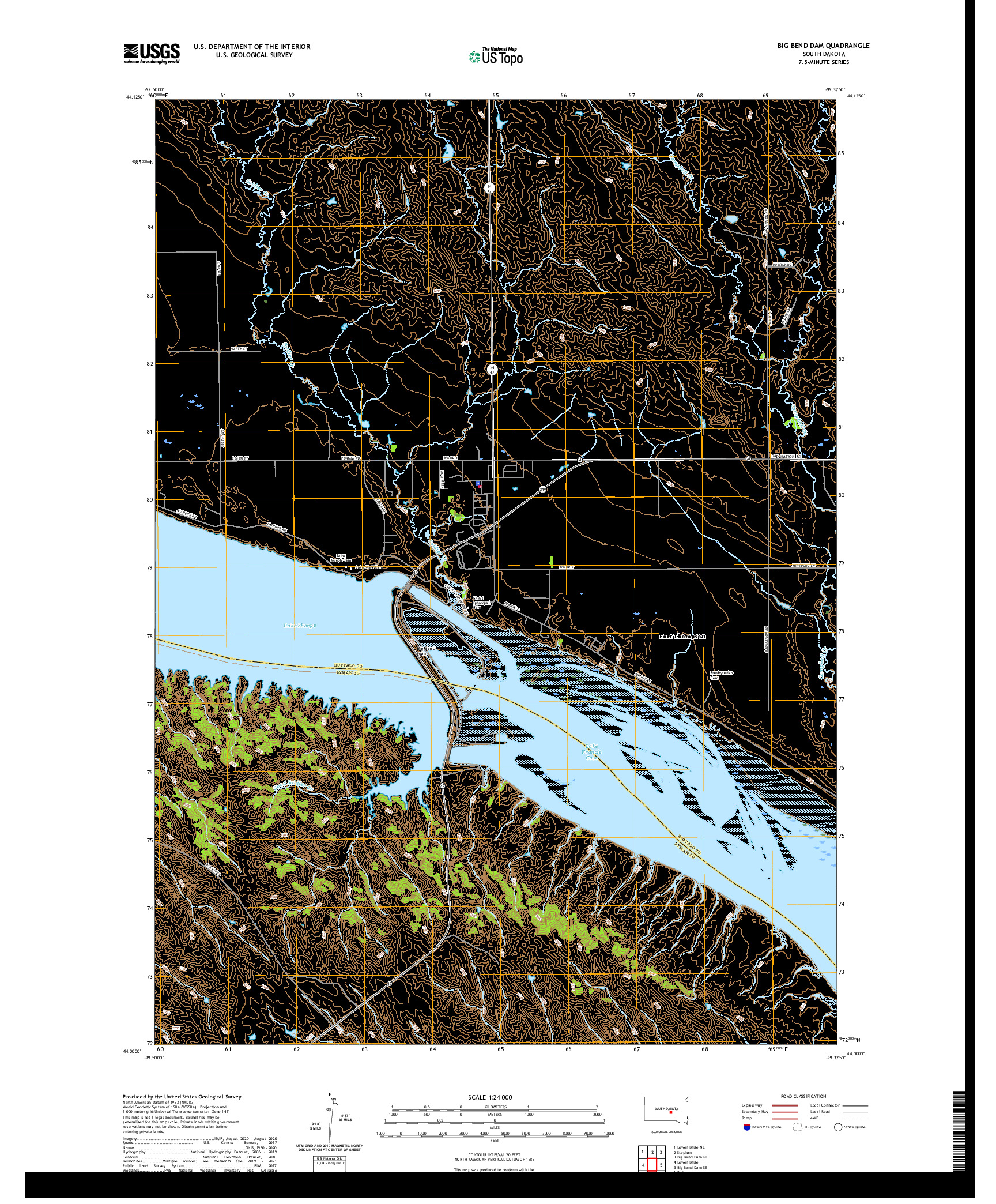 USGS US TOPO 7.5-MINUTE MAP FOR BIG BEND DAM, SD 2021