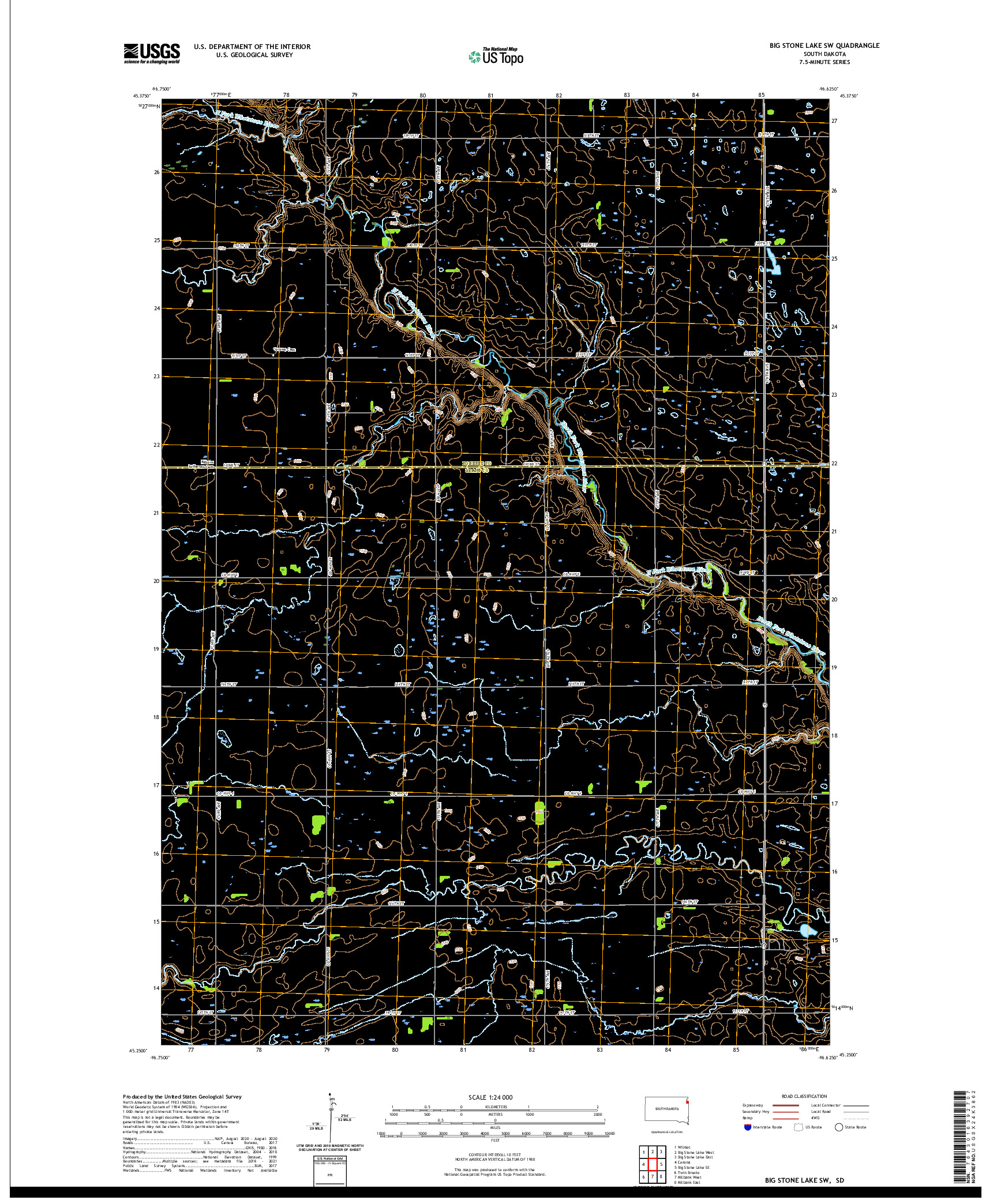 USGS US TOPO 7.5-MINUTE MAP FOR BIG STONE LAKE SW, SD 2021