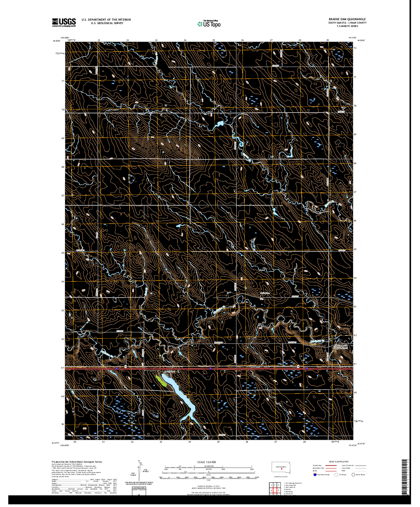USGS US TOPO 7.5-MINUTE MAP FOR BRAKKE DAM, SD 2021