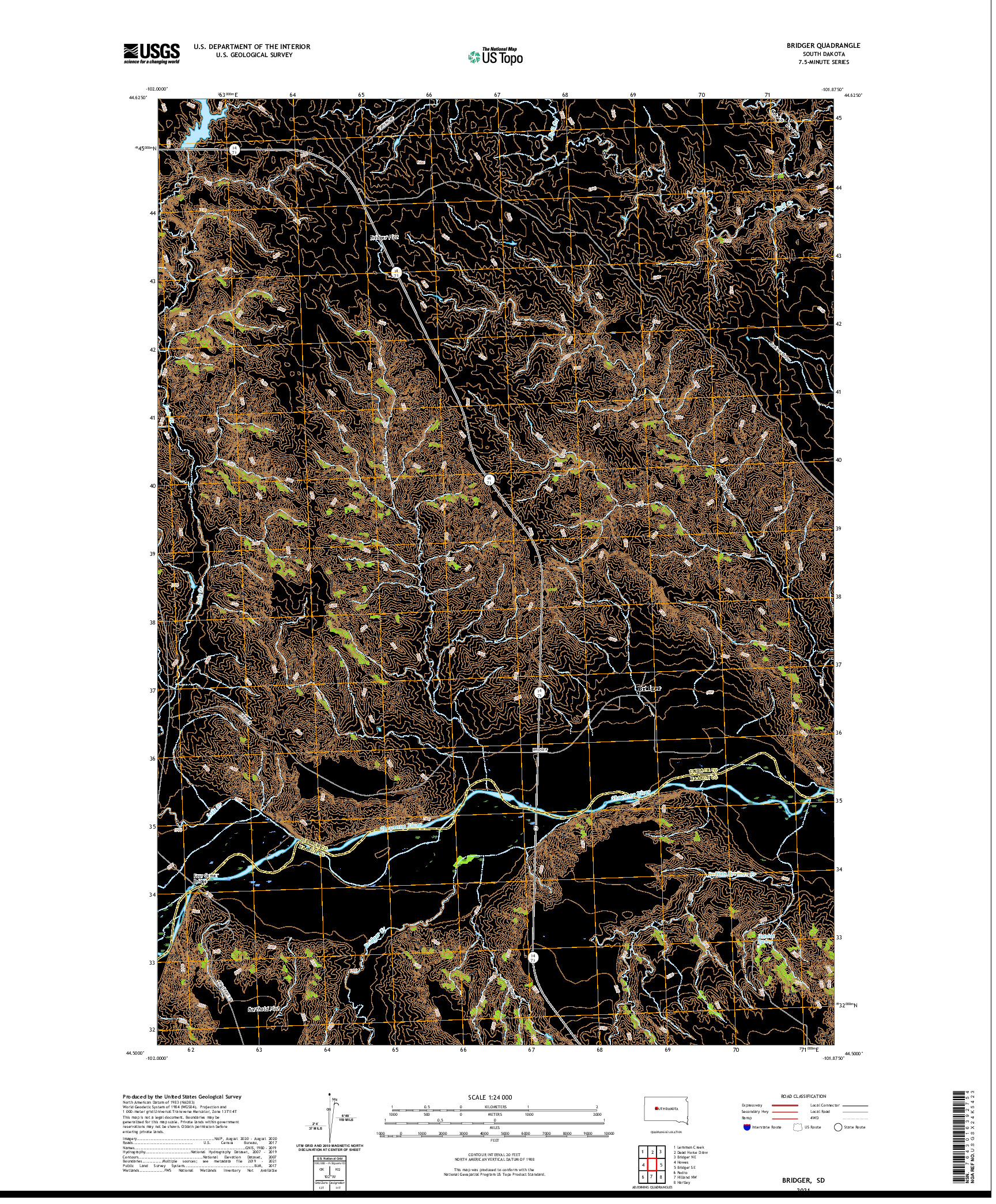 USGS US TOPO 7.5-MINUTE MAP FOR BRIDGER, SD 2021