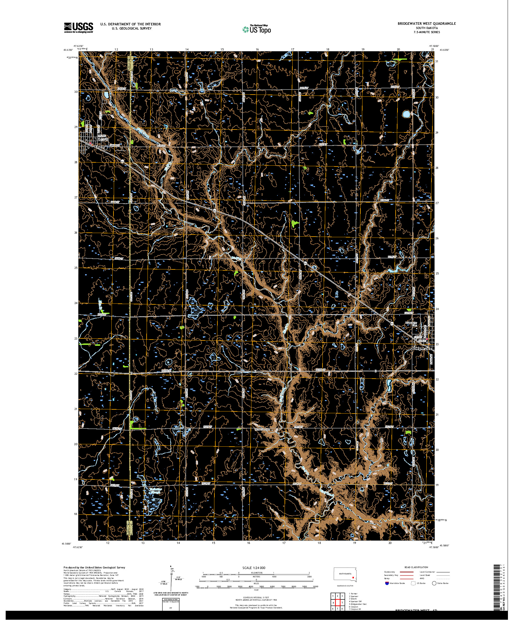 USGS US TOPO 7.5-MINUTE MAP FOR BRIDGEWATER WEST, SD 2021