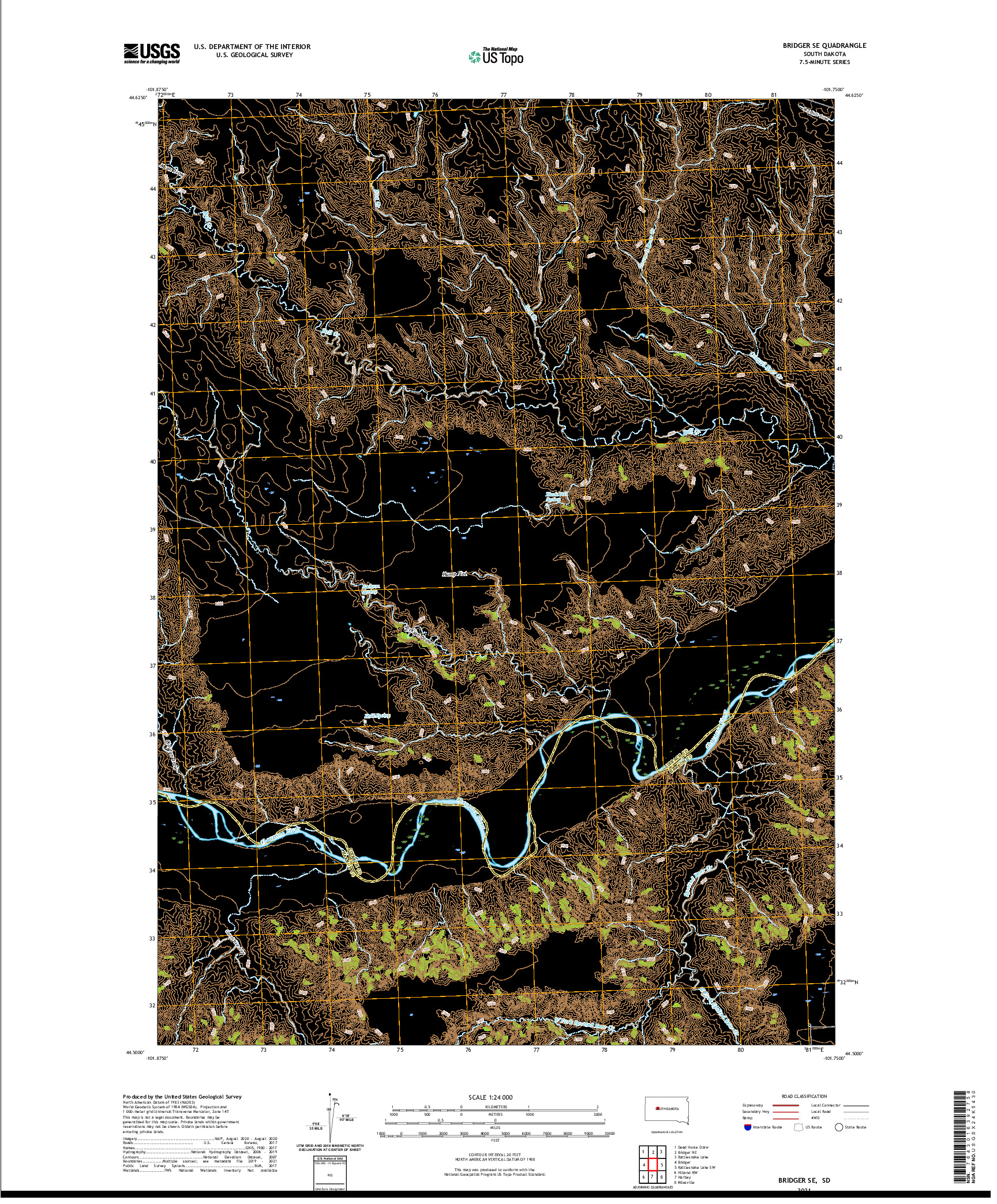 USGS US TOPO 7.5-MINUTE MAP FOR BRIDGER SE, SD 2021