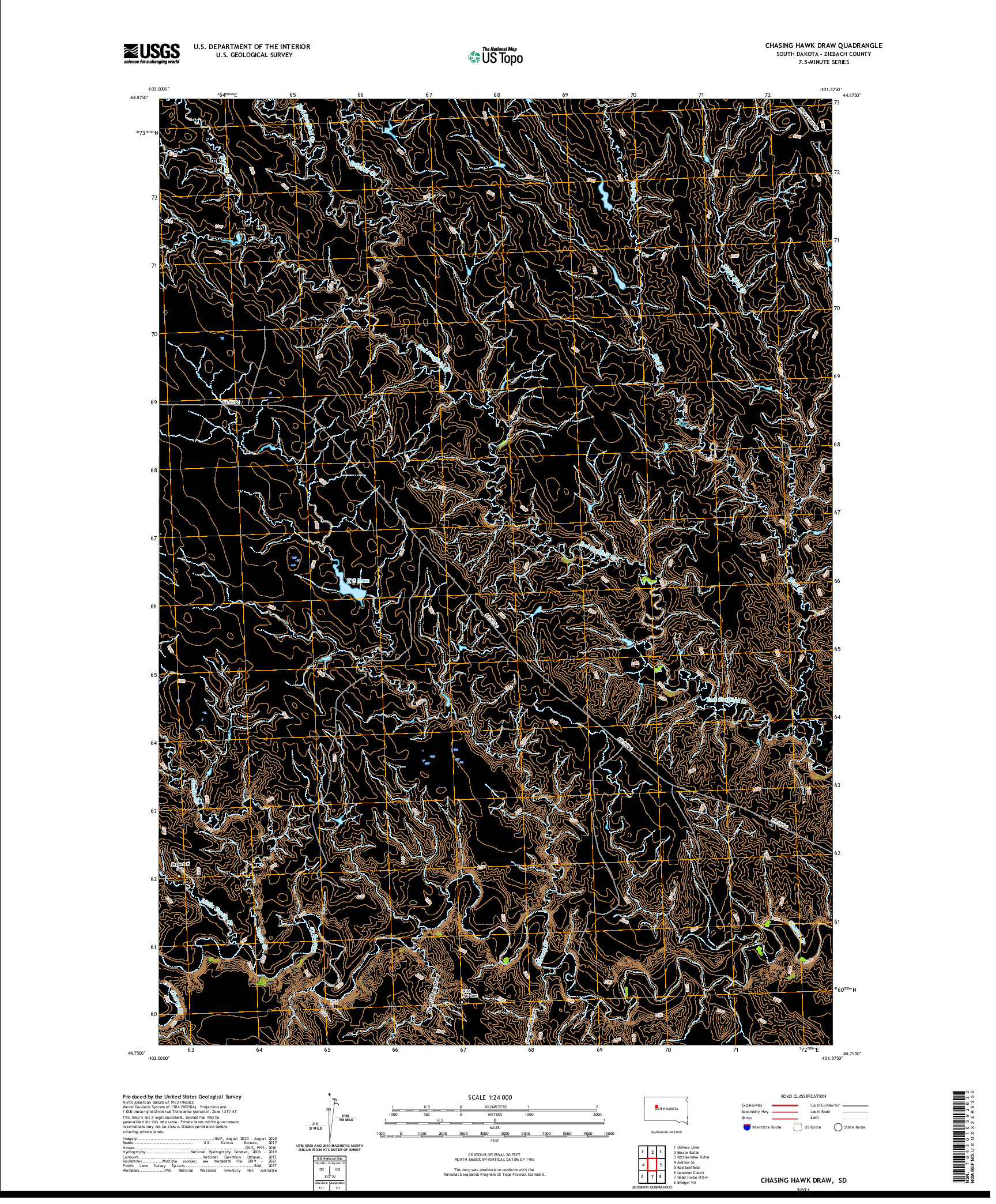 USGS US TOPO 7.5-MINUTE MAP FOR CHASING HAWK DRAW, SD 2021