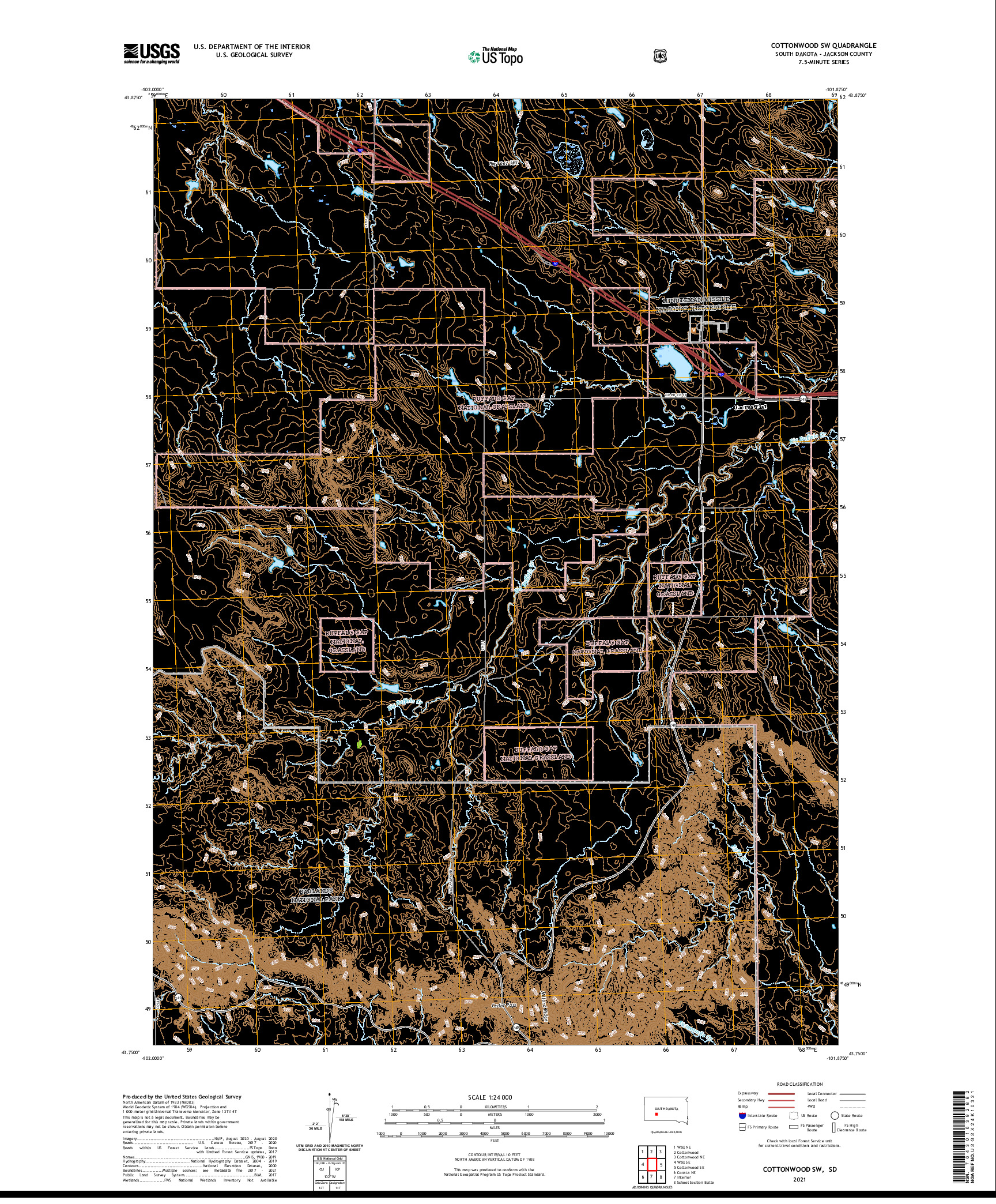 USGS US TOPO 7.5-MINUTE MAP FOR COTTONWOOD SW, SD 2021