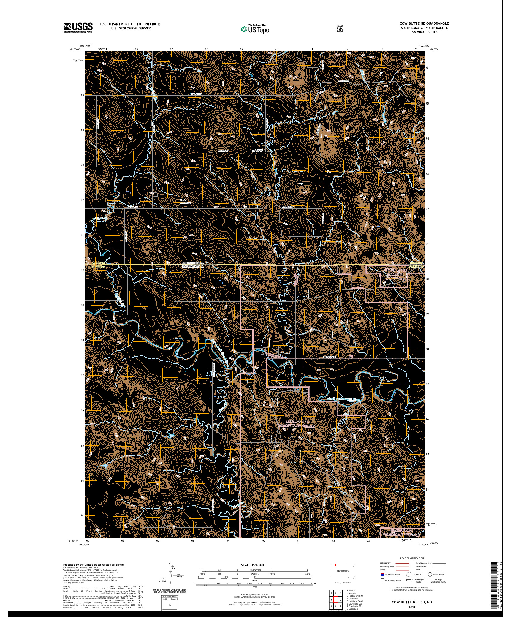 USGS US TOPO 7.5-MINUTE MAP FOR COW BUTTE NE, SD,ND 2021