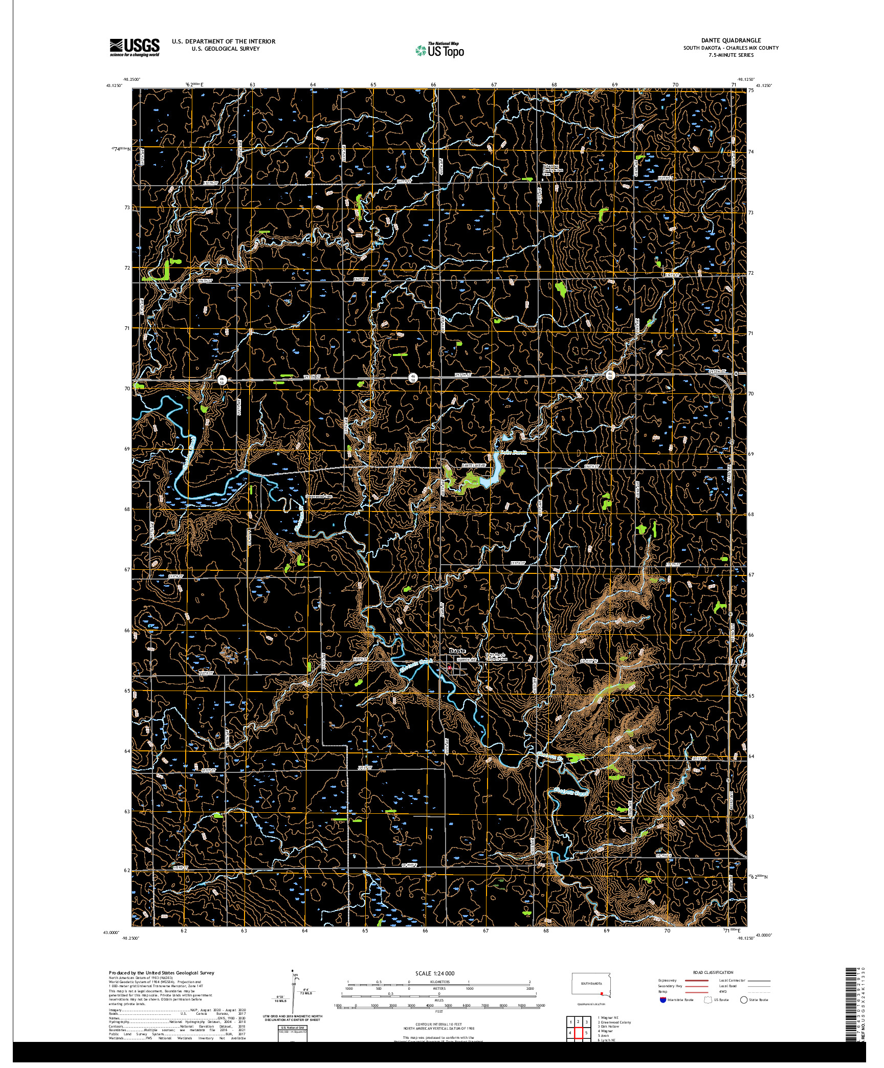 USGS US TOPO 7.5-MINUTE MAP FOR DANTE, SD 2021