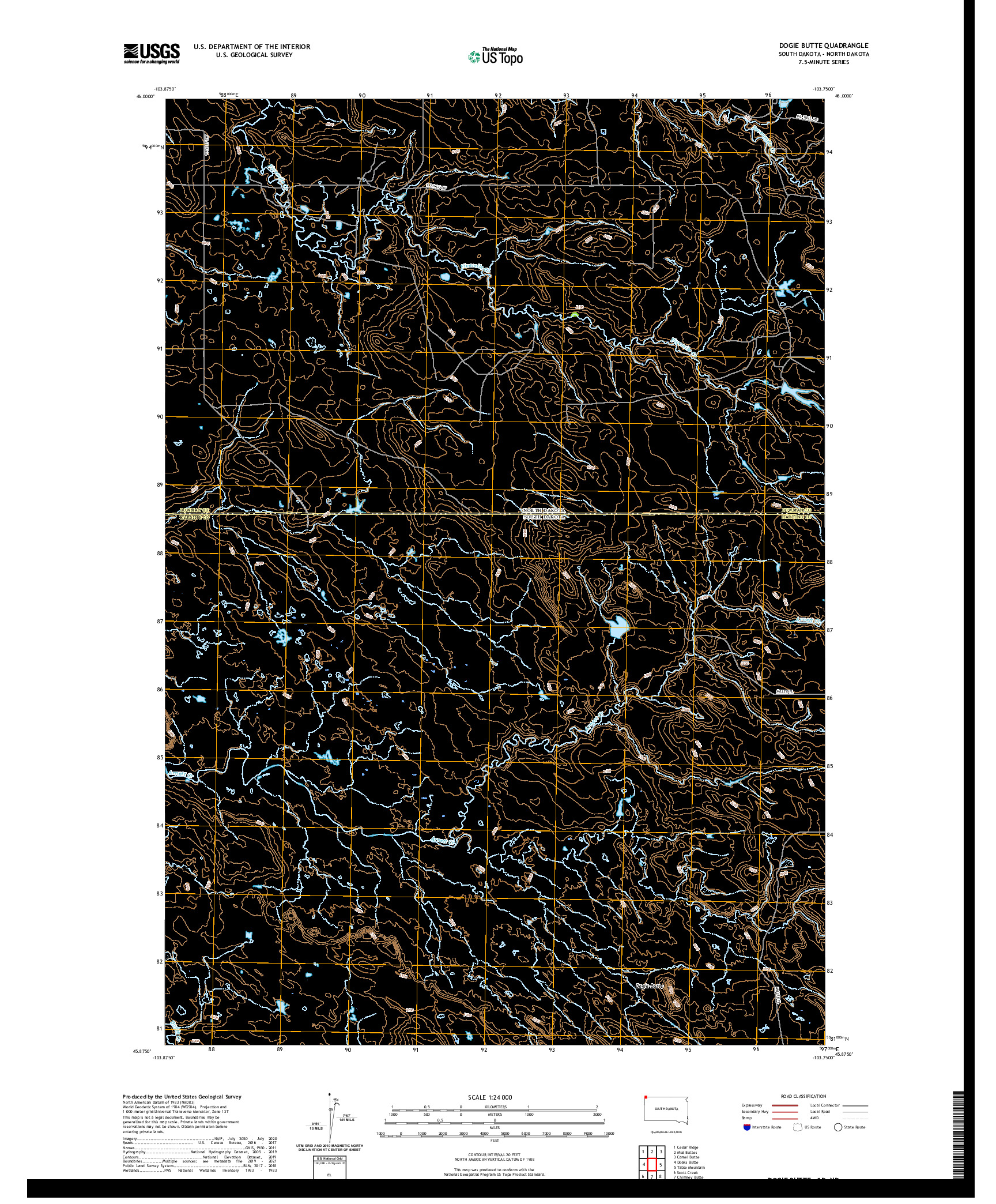 USGS US TOPO 7.5-MINUTE MAP FOR DOGIE BUTTE, SD,ND 2021