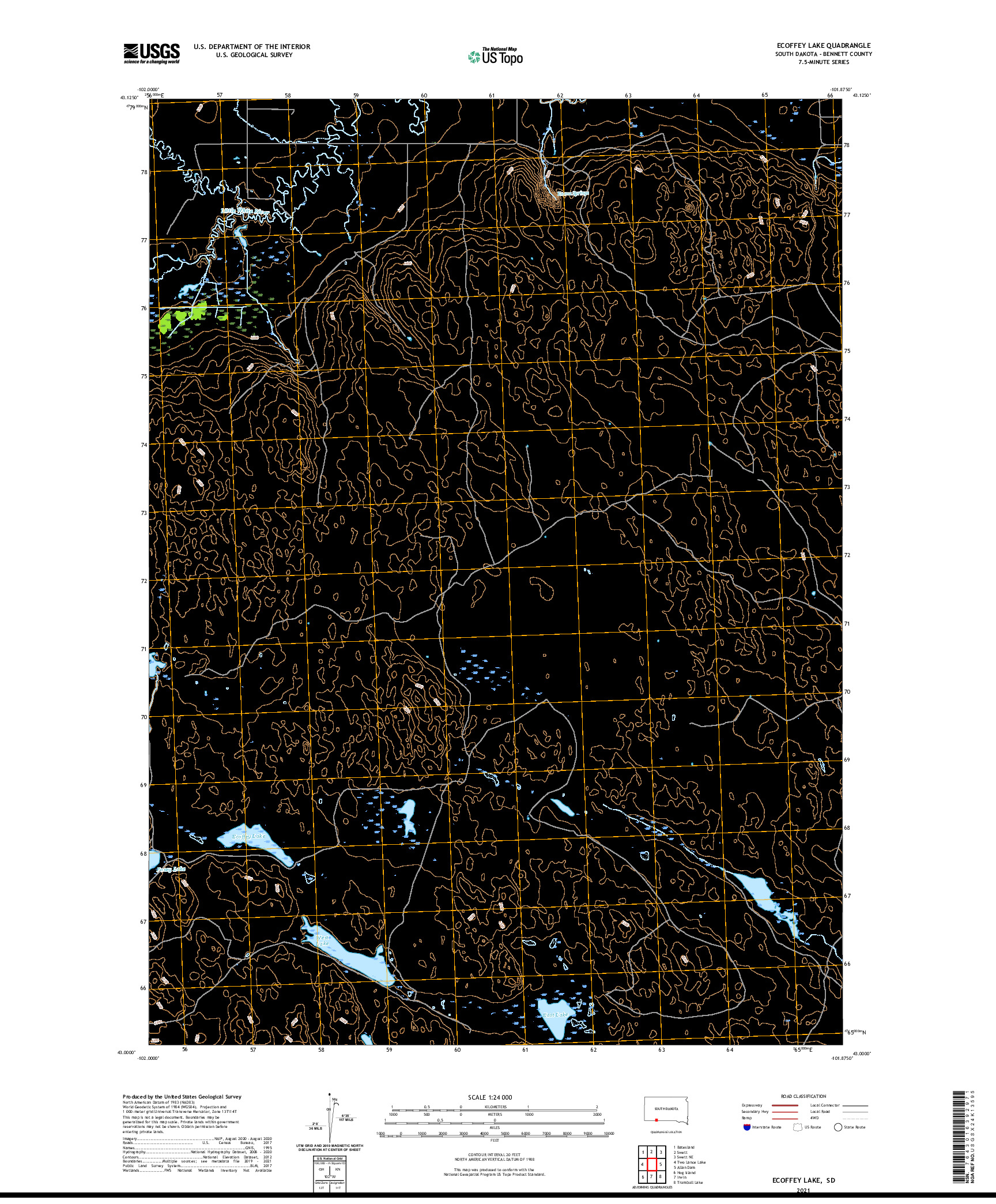USGS US TOPO 7.5-MINUTE MAP FOR ECOFFEY LAKE, SD 2021