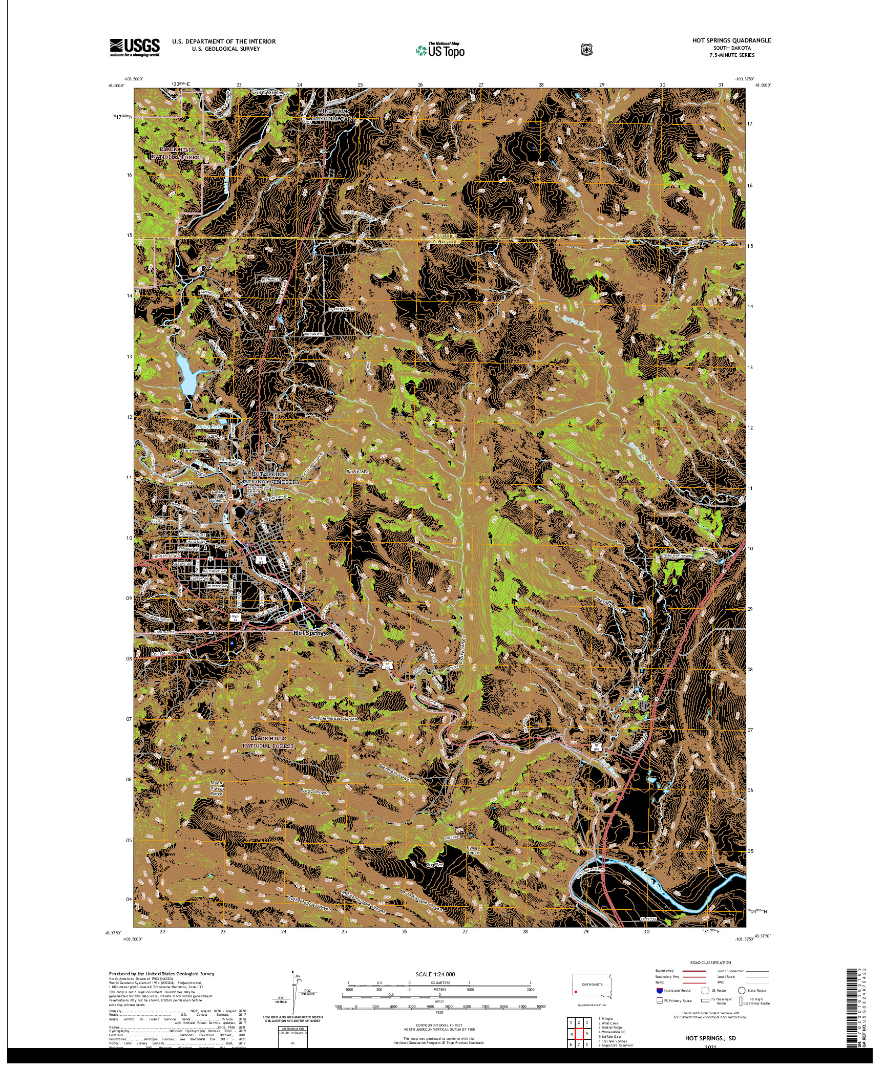 USGS US TOPO 7.5-MINUTE MAP FOR HOT SPRINGS, SD 2021