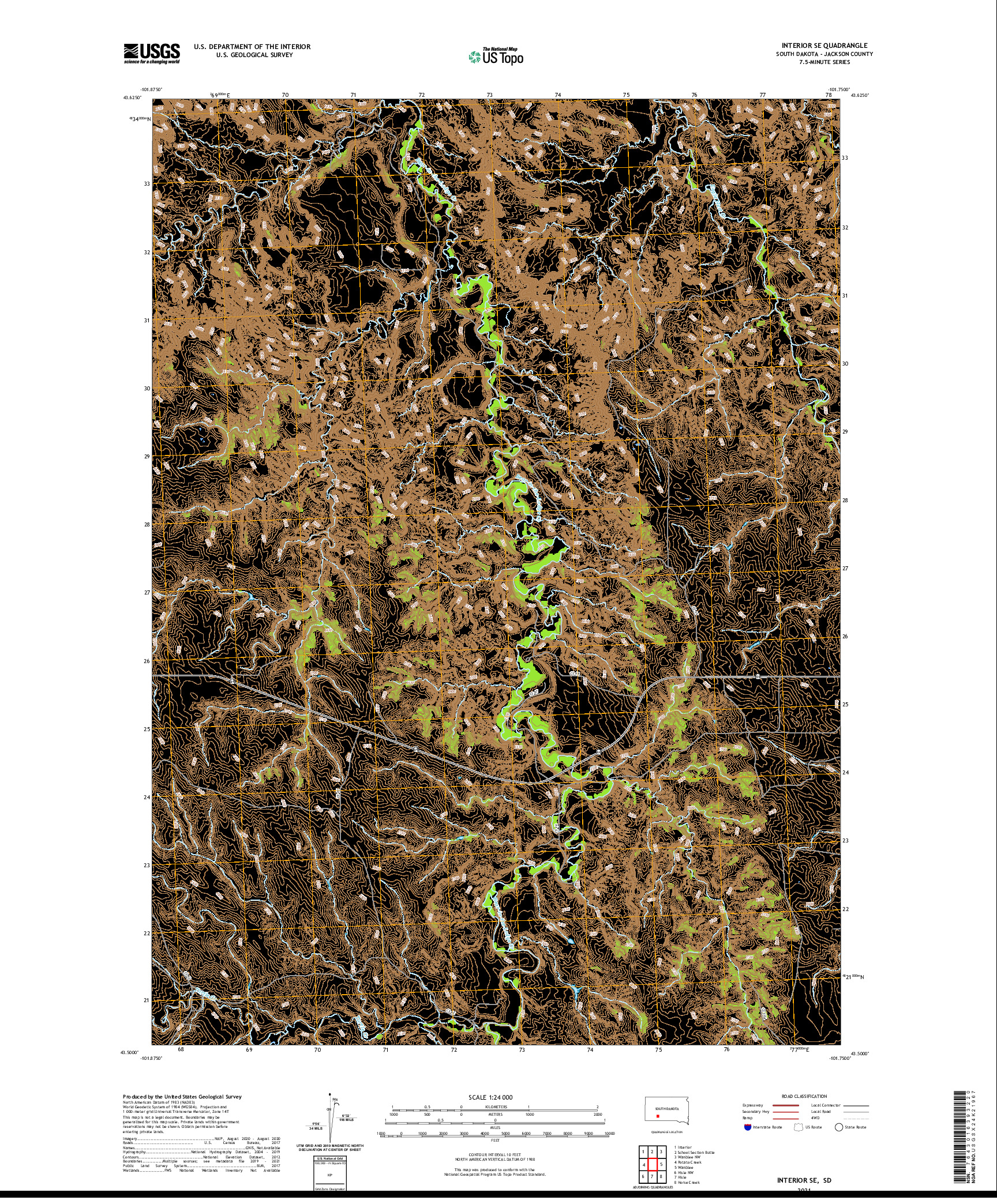 USGS US TOPO 7.5-MINUTE MAP FOR INTERIOR SE, SD 2021