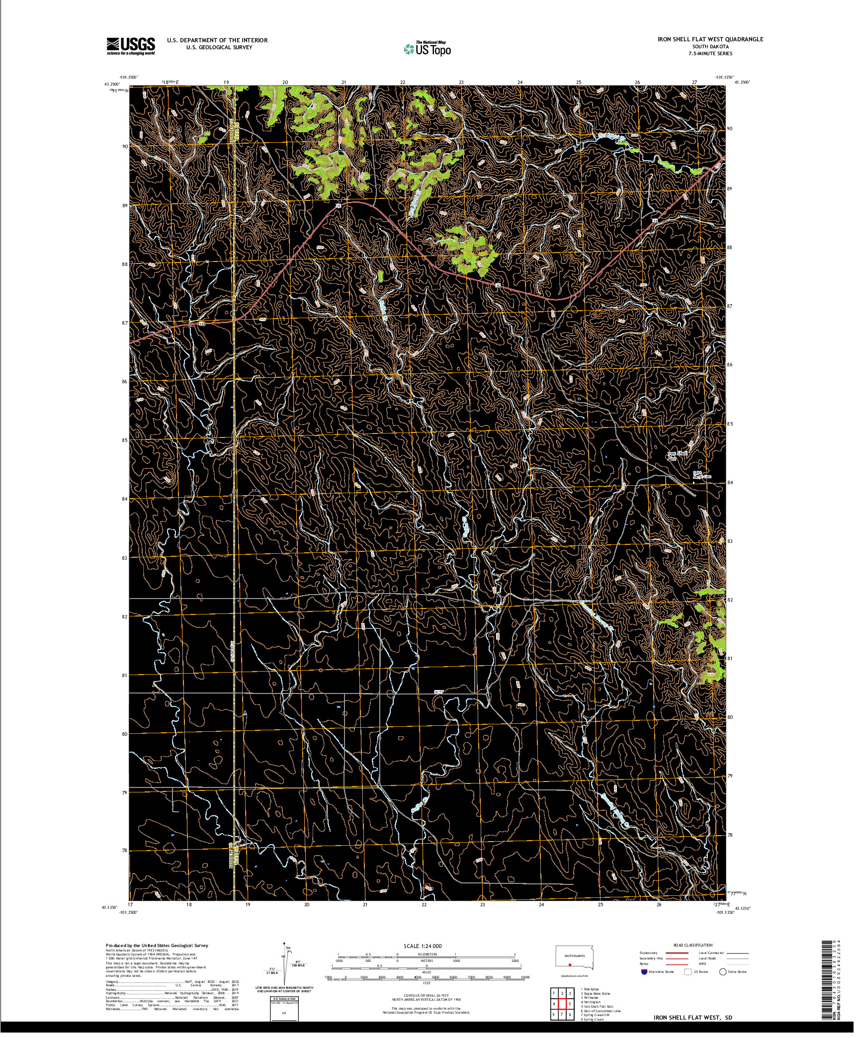 USGS US TOPO 7.5-MINUTE MAP FOR IRON SHELL FLAT WEST, SD 2021