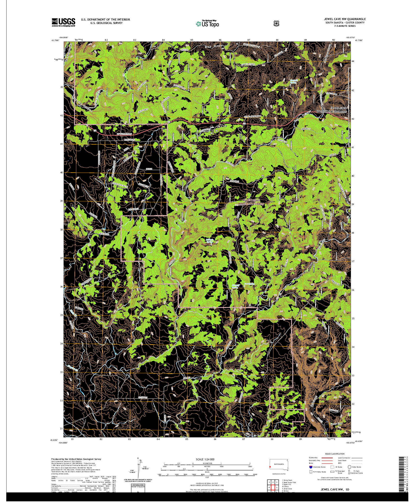 USGS US TOPO 7.5-MINUTE MAP FOR JEWEL CAVE NW, SD 2021