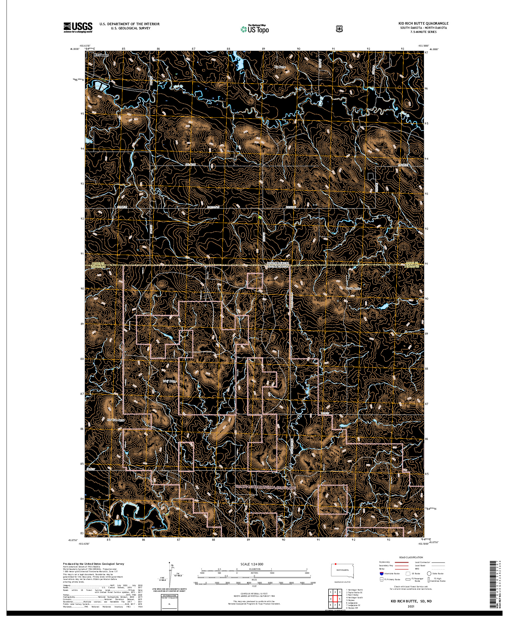 USGS US TOPO 7.5-MINUTE MAP FOR KID RICH BUTTE, SD,ND 2021