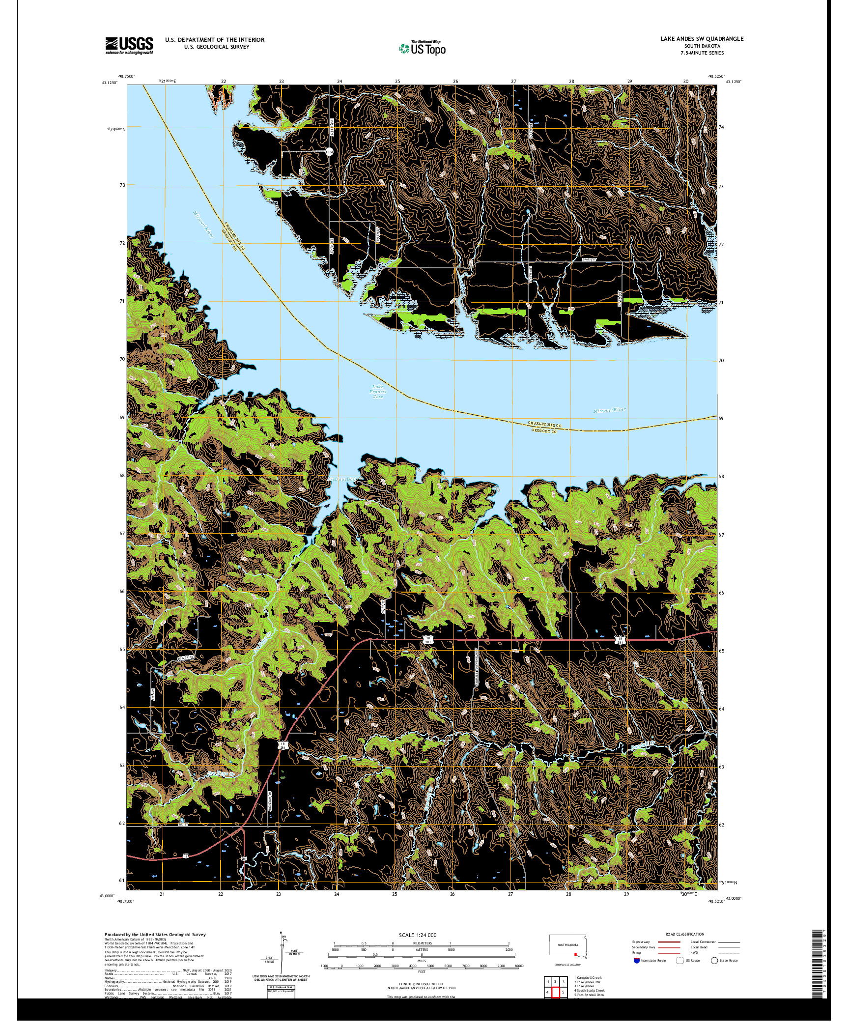 USGS US TOPO 7.5-MINUTE MAP FOR LAKE ANDES SW, SD 2021