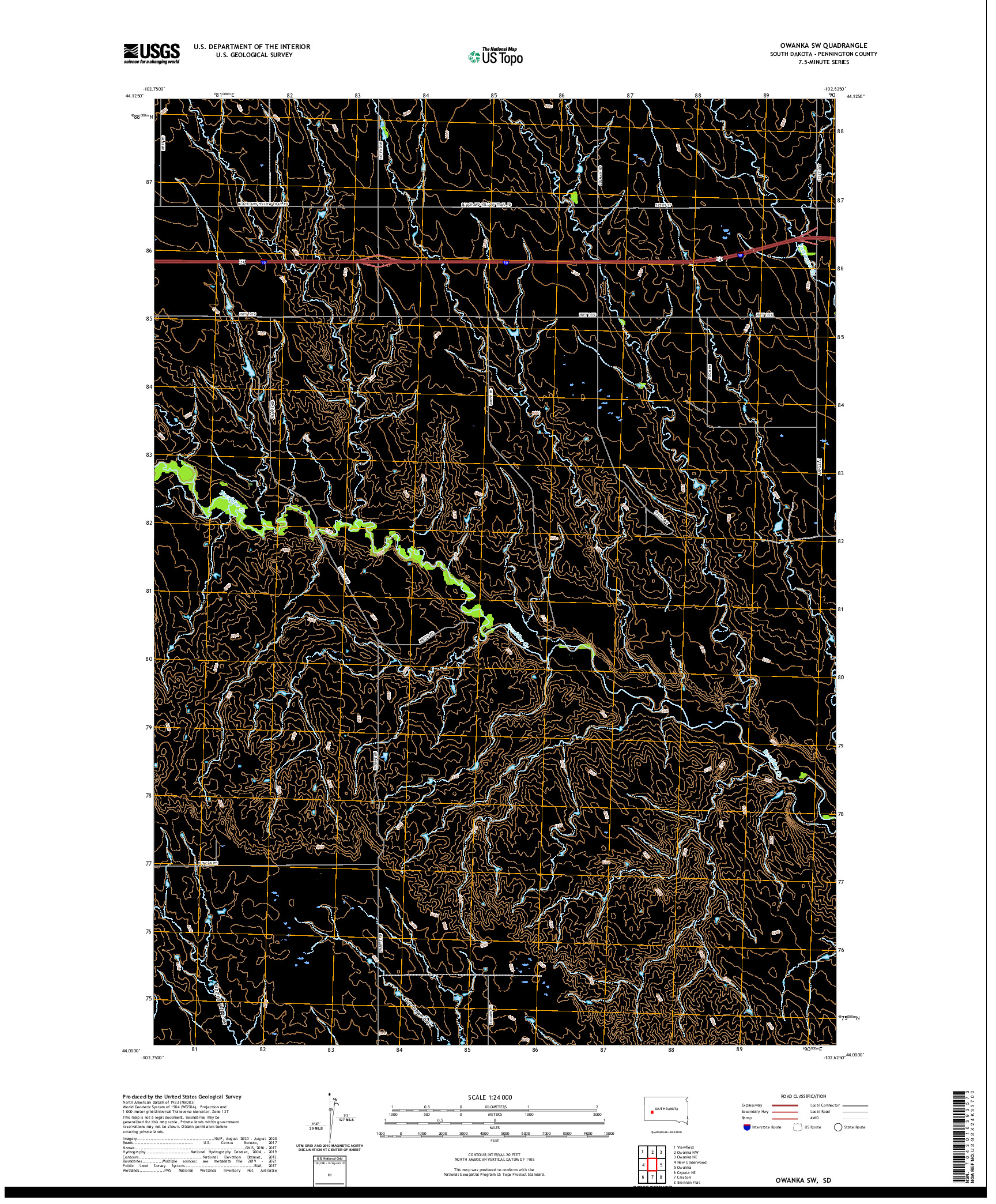 USGS US TOPO 7.5-MINUTE MAP FOR OWANKA SW, SD 2021
