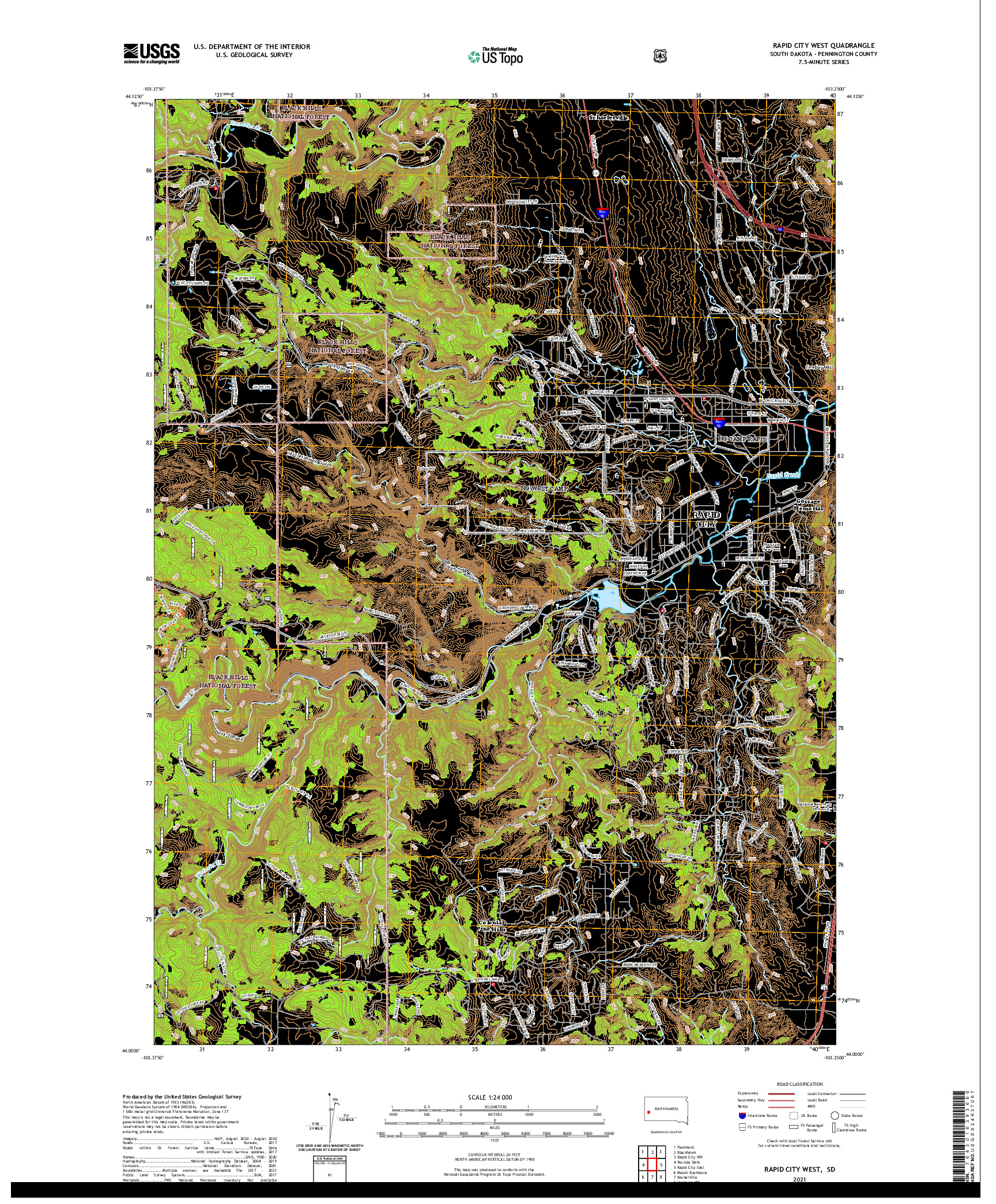 USGS US TOPO 7.5-MINUTE MAP FOR RAPID CITY WEST, SD 2021