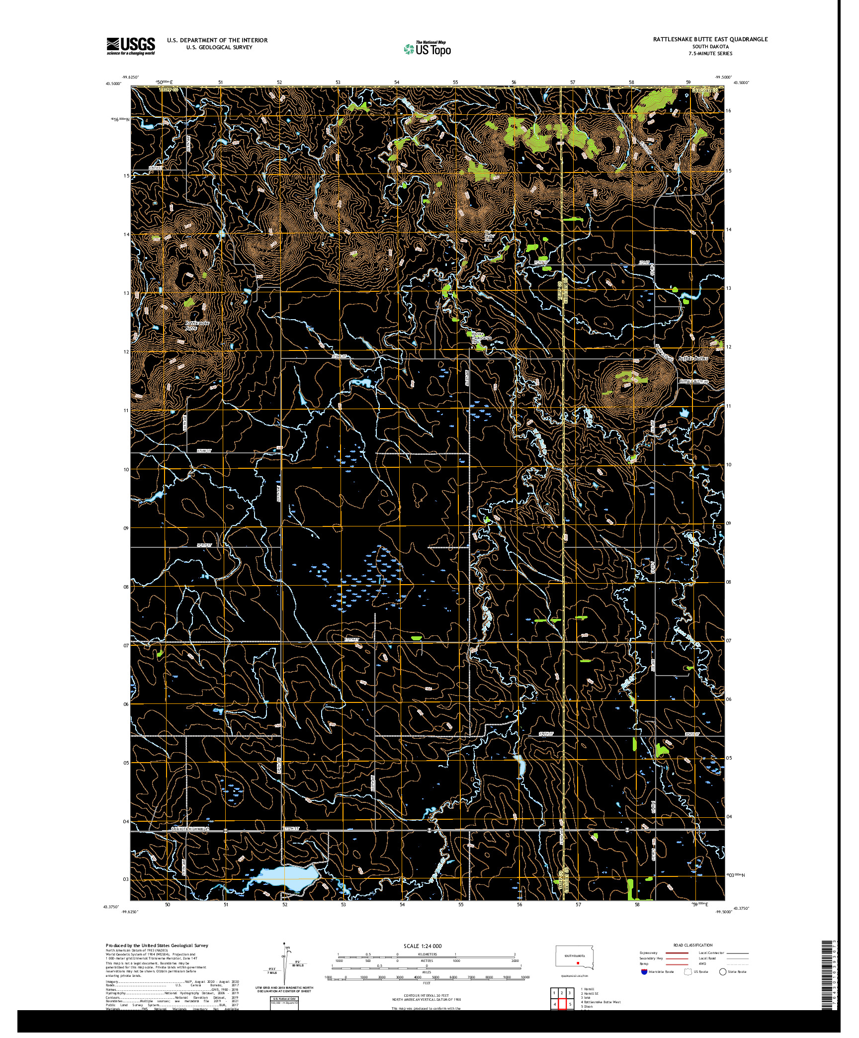 USGS US TOPO 7.5-MINUTE MAP FOR RATTLESNAKE BUTTE EAST, SD 2021