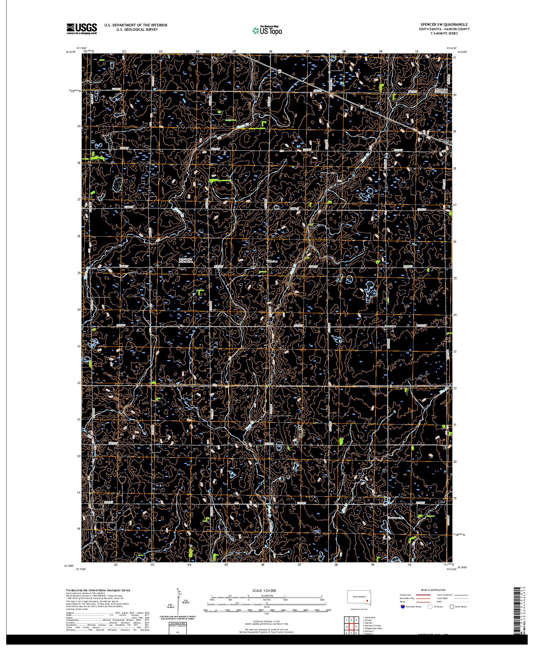 USGS US TOPO 7.5-MINUTE MAP FOR SPENCER SW, SD 2021