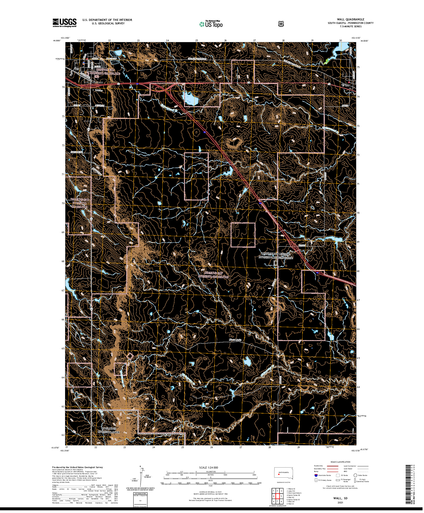 USGS US TOPO 7.5-MINUTE MAP FOR WALL, SD 2021