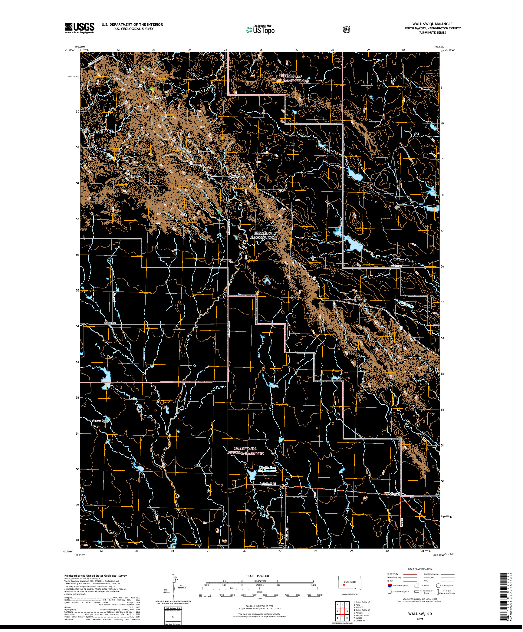 USGS US TOPO 7.5-MINUTE MAP FOR WALL SW, SD 2021