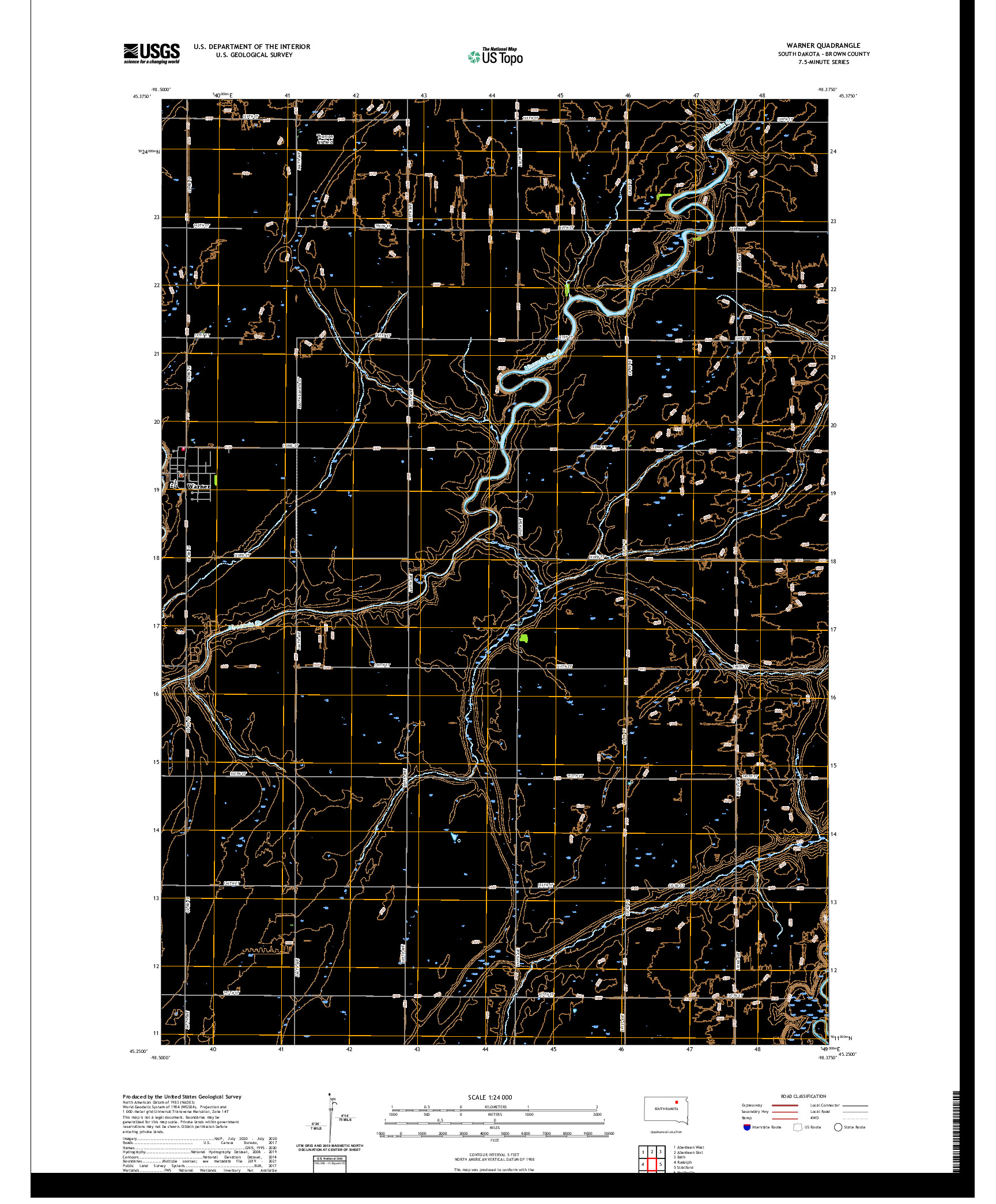USGS US TOPO 7.5-MINUTE MAP FOR WARNER, SD 2021