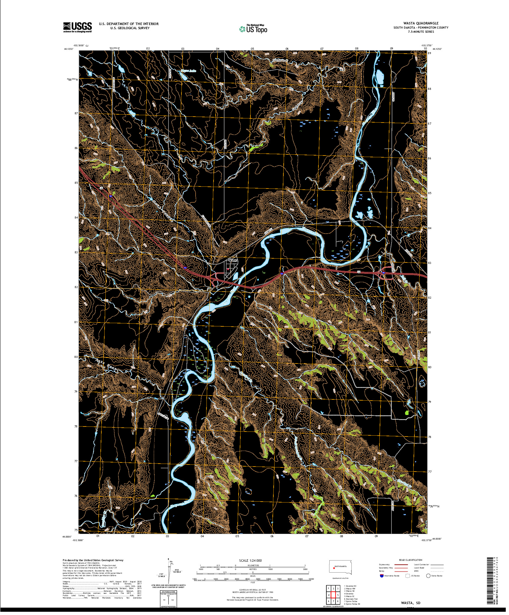 USGS US TOPO 7.5-MINUTE MAP FOR WASTA, SD 2021