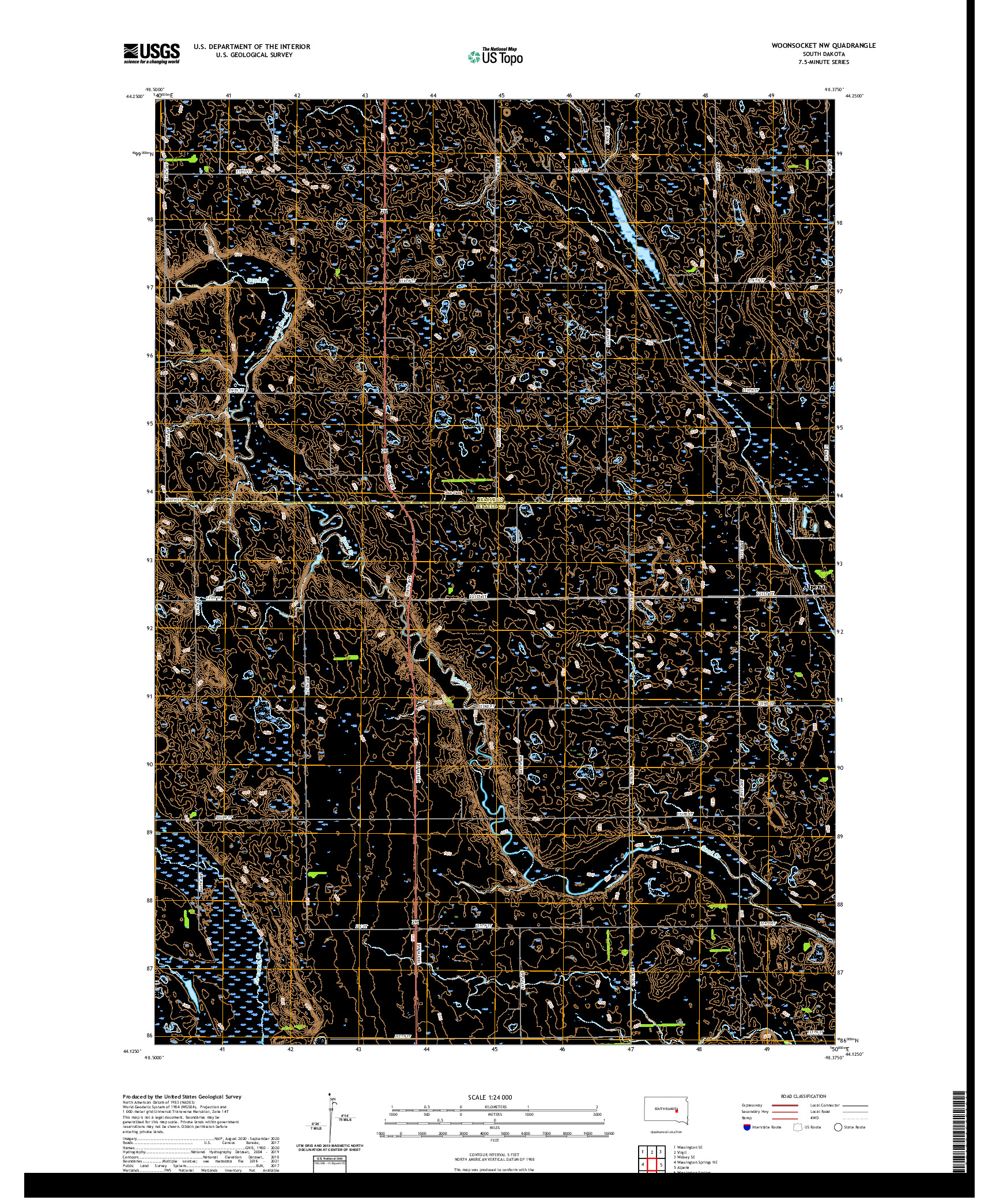 USGS US TOPO 7.5-MINUTE MAP FOR WOONSOCKET NW, SD 2021