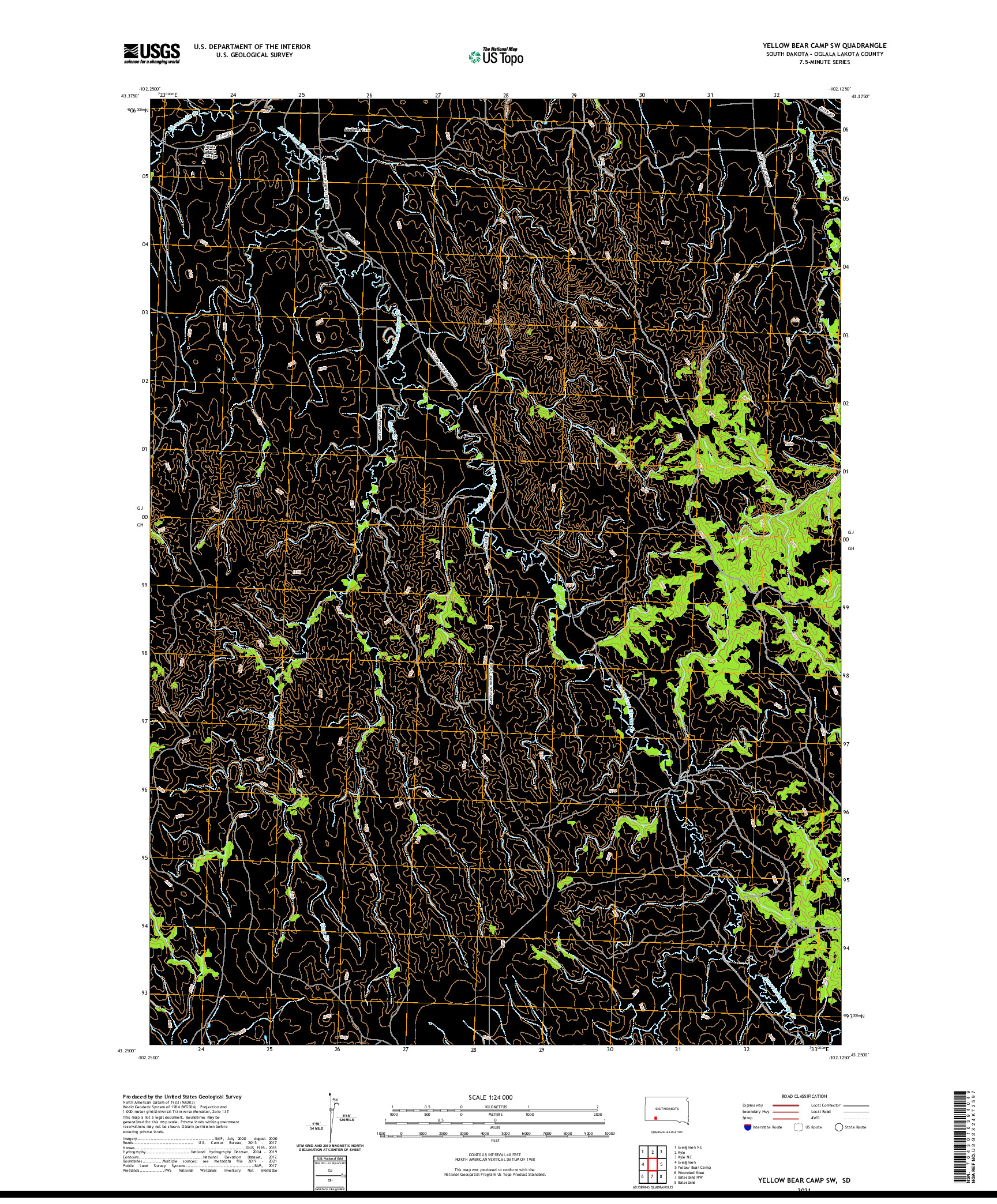 USGS US TOPO 7.5-MINUTE MAP FOR YELLOW BEAR CAMP SW, SD 2021