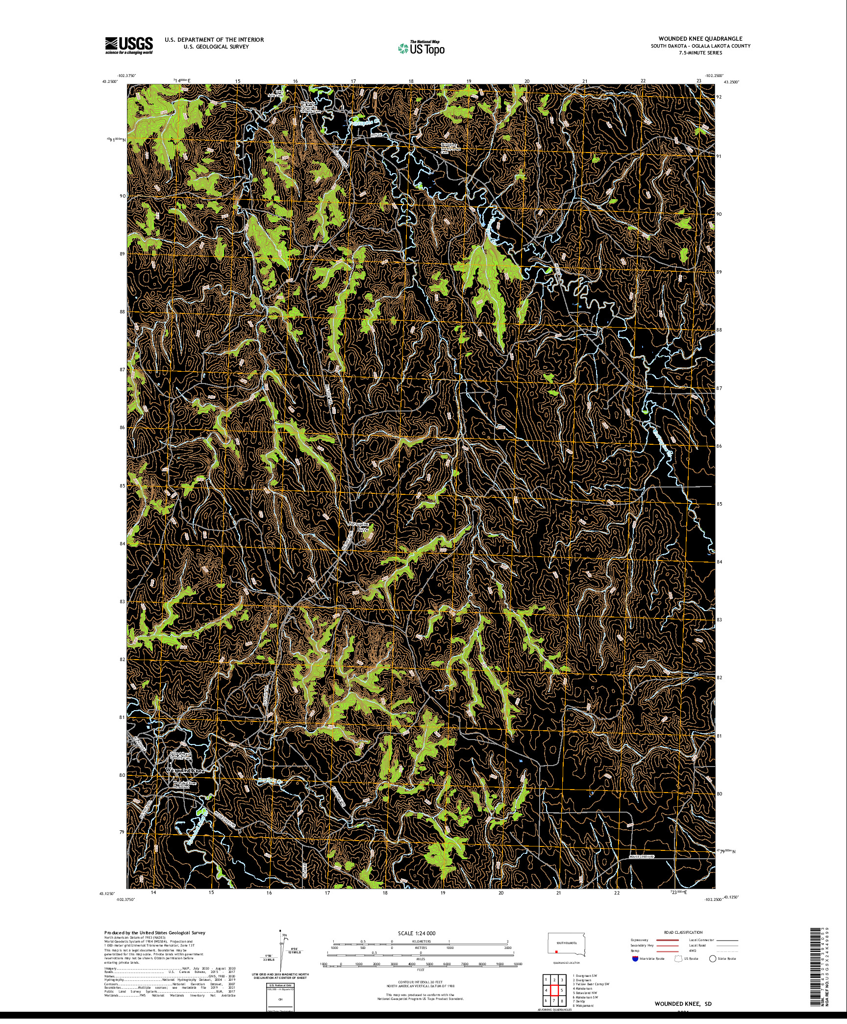 USGS US TOPO 7.5-MINUTE MAP FOR WOUNDED KNEE, SD 2021