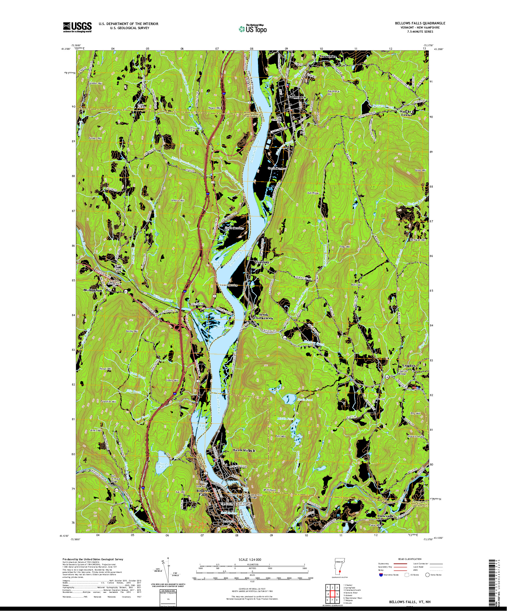 USGS US TOPO 7.5-MINUTE MAP FOR BELLOWS FALLS, VT,NH 2021