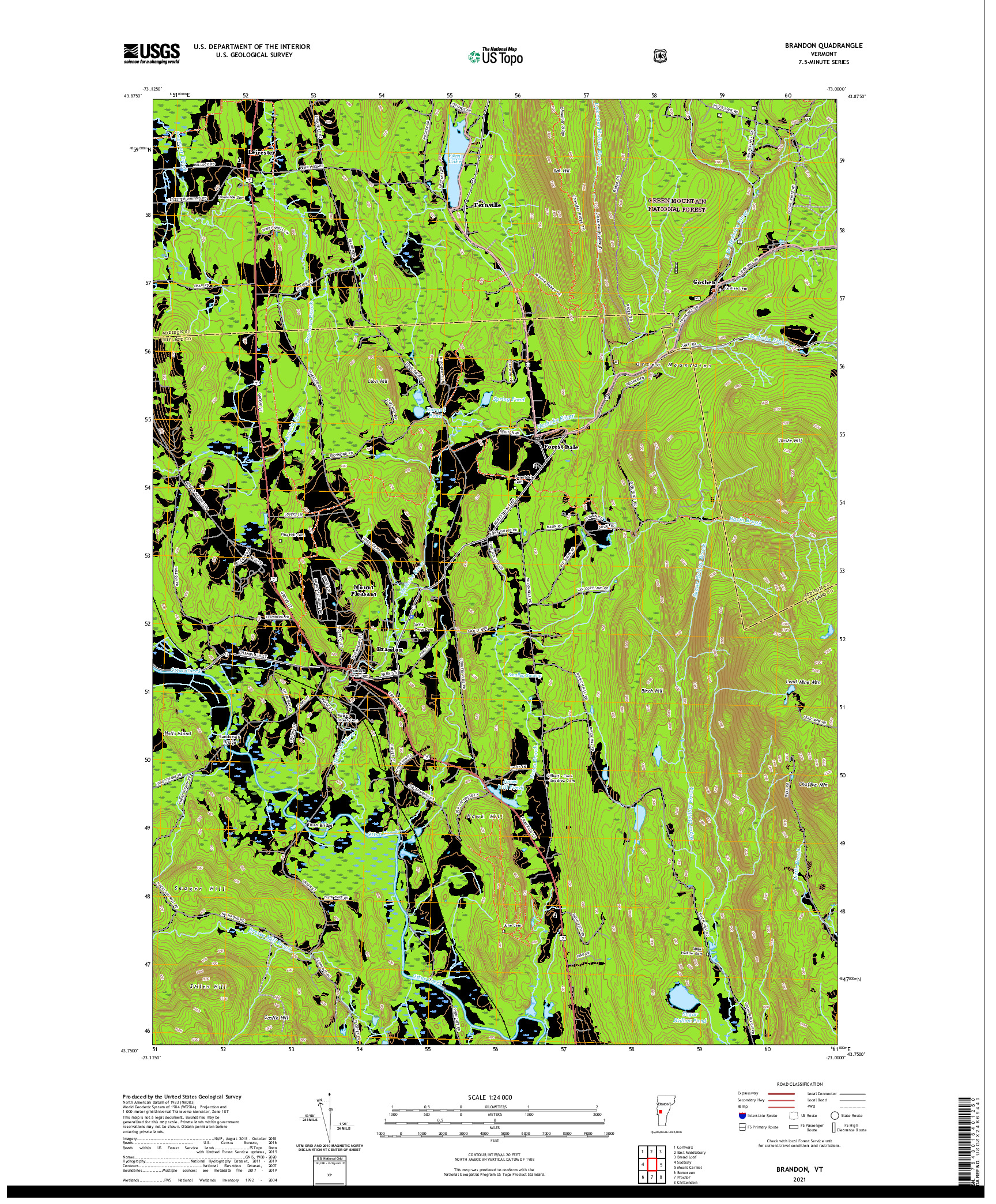 USGS US TOPO 7.5-MINUTE MAP FOR BRANDON, VT 2021