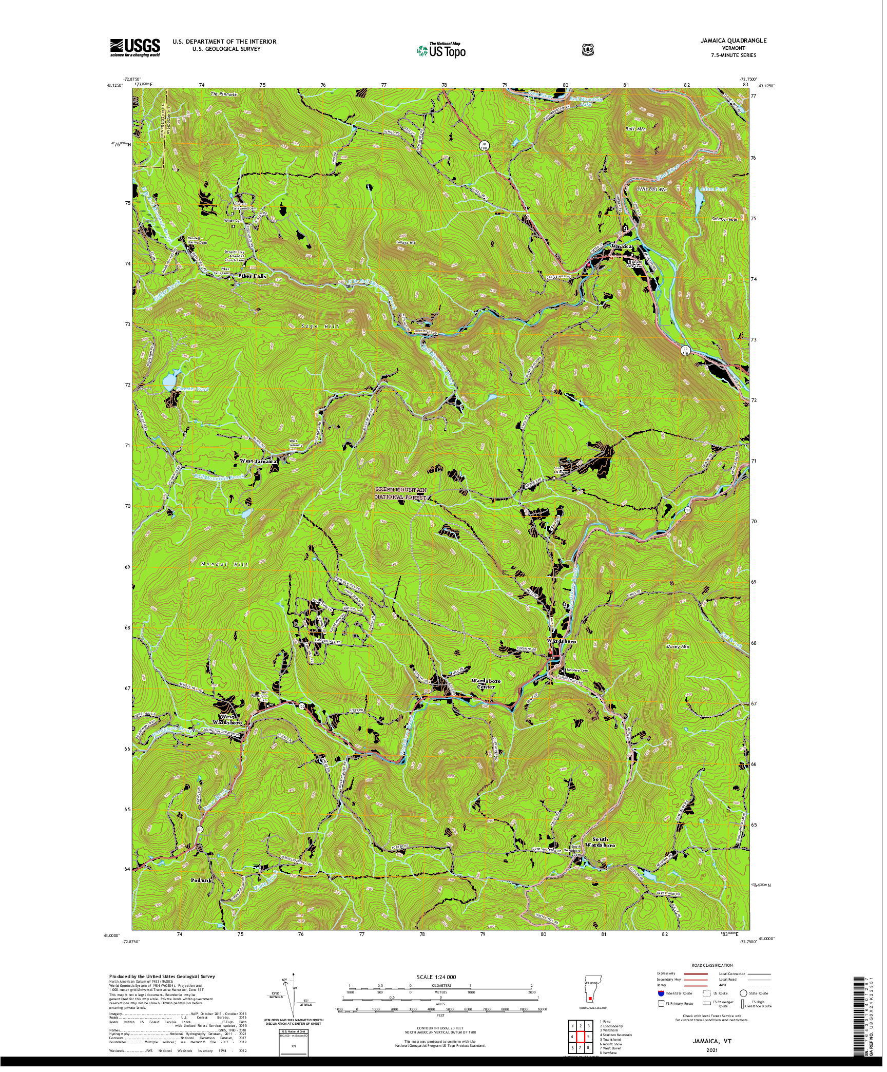 USGS US TOPO 7.5-MINUTE MAP FOR JAMAICA, VT 2021