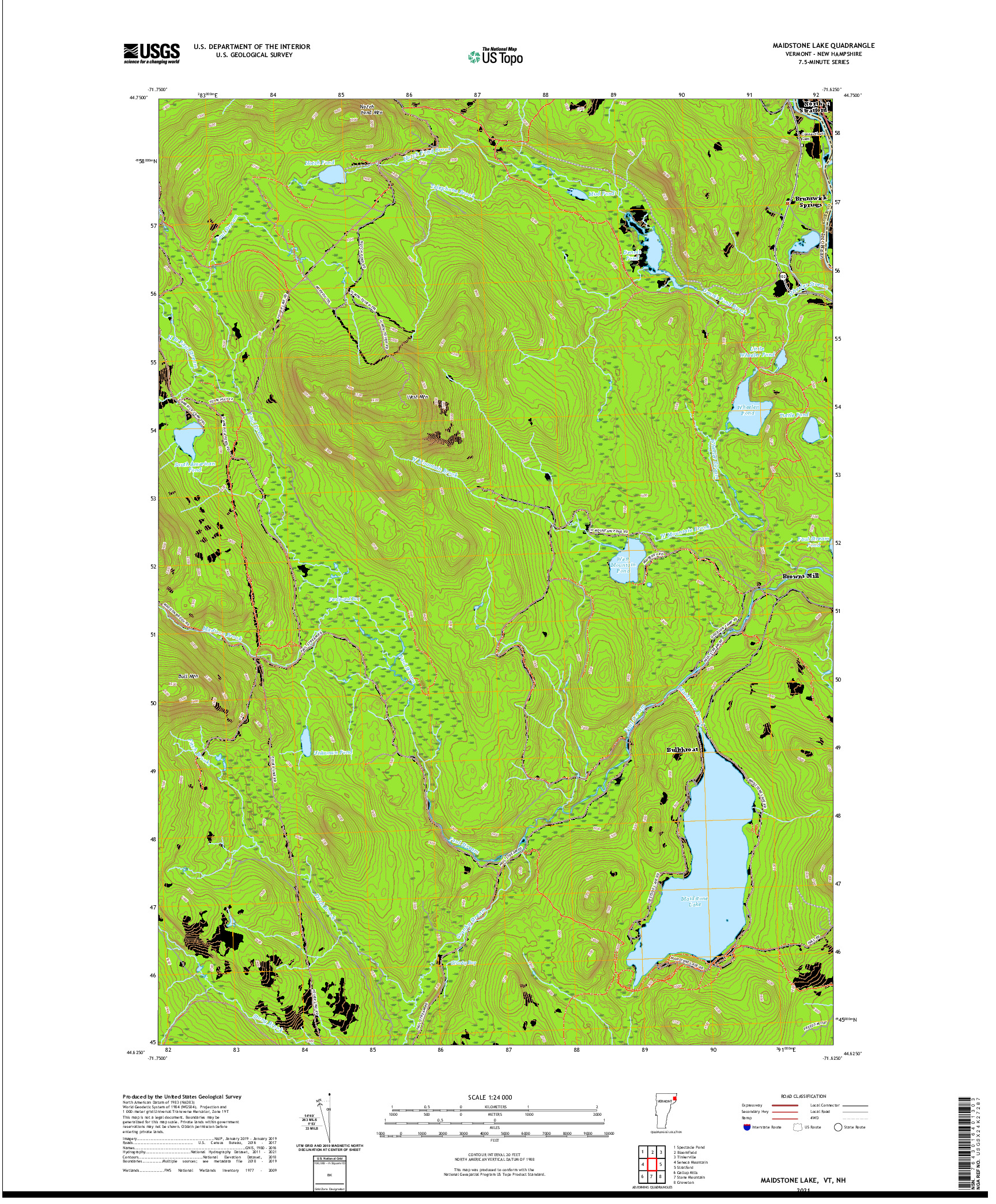 USGS US TOPO 7.5-MINUTE MAP FOR MAIDSTONE LAKE, VT,NH 2021