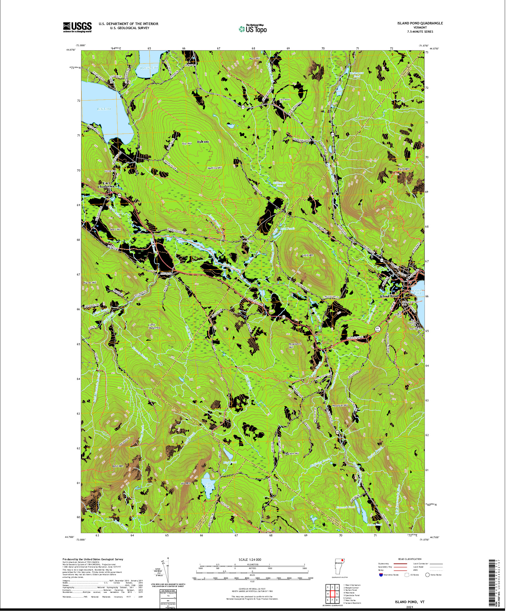 USGS US TOPO 7.5-MINUTE MAP FOR ISLAND POND, VT 2021