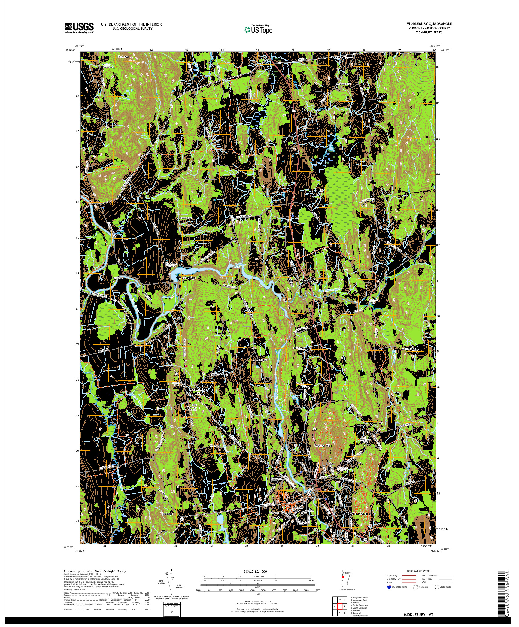 USGS US TOPO 7.5-MINUTE MAP FOR MIDDLEBURY, VT 2021