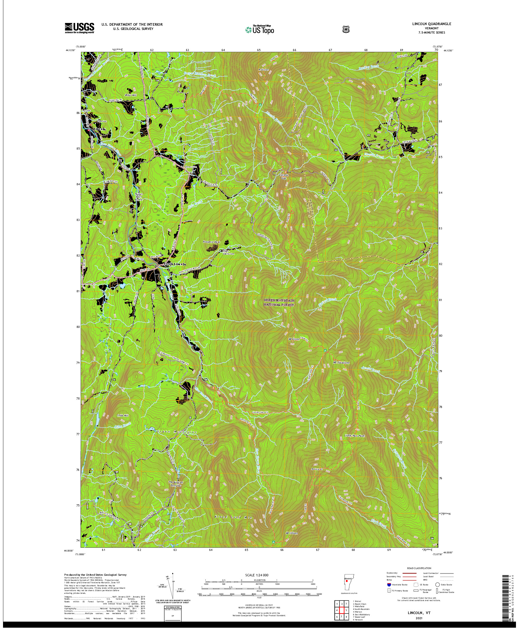 USGS US TOPO 7.5-MINUTE MAP FOR LINCOLN, VT 2021