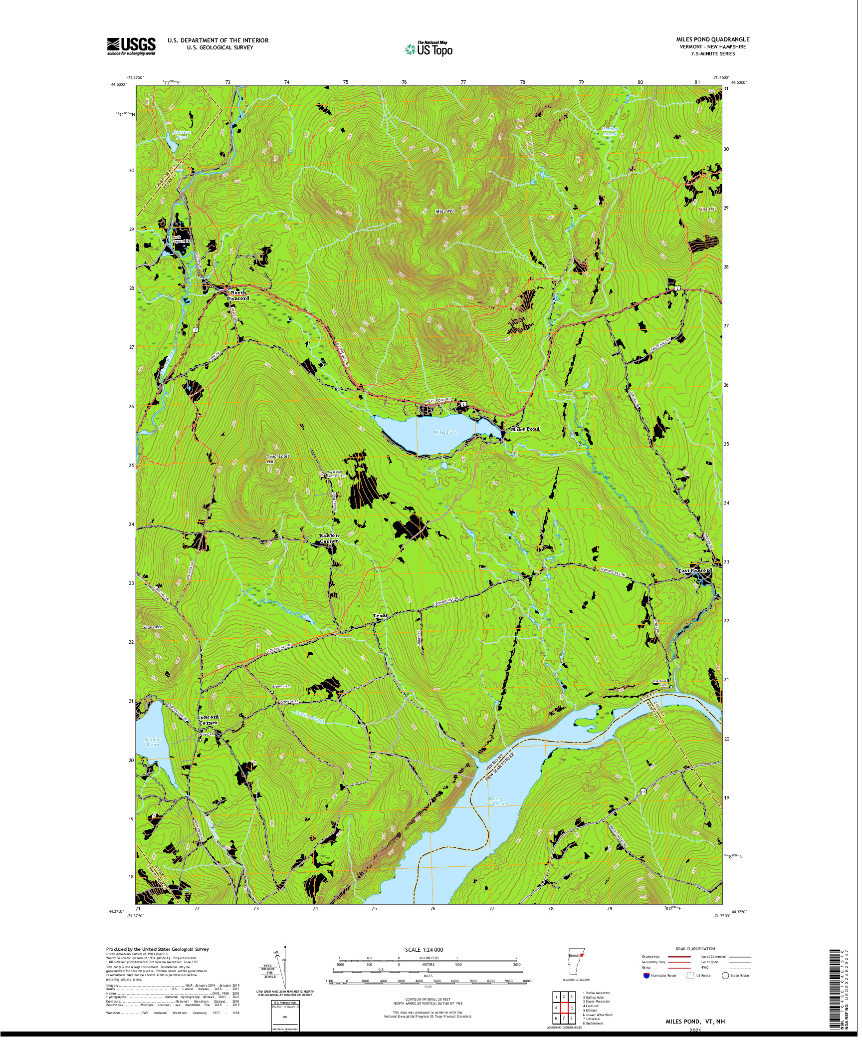 USGS US TOPO 7.5-MINUTE MAP FOR MILES POND, VT,NH 2021