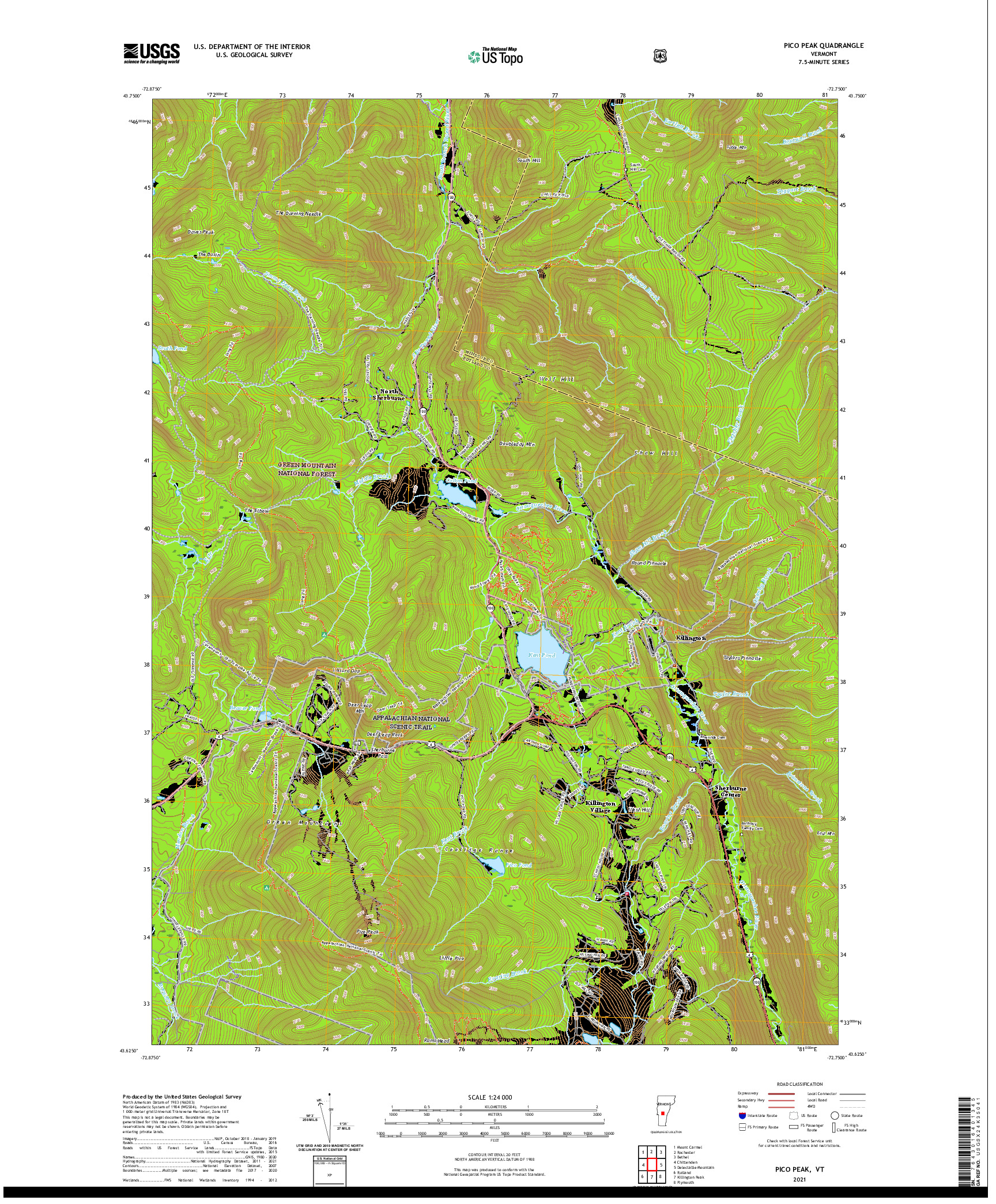 USGS US TOPO 7.5-MINUTE MAP FOR PICO PEAK, VT 2021