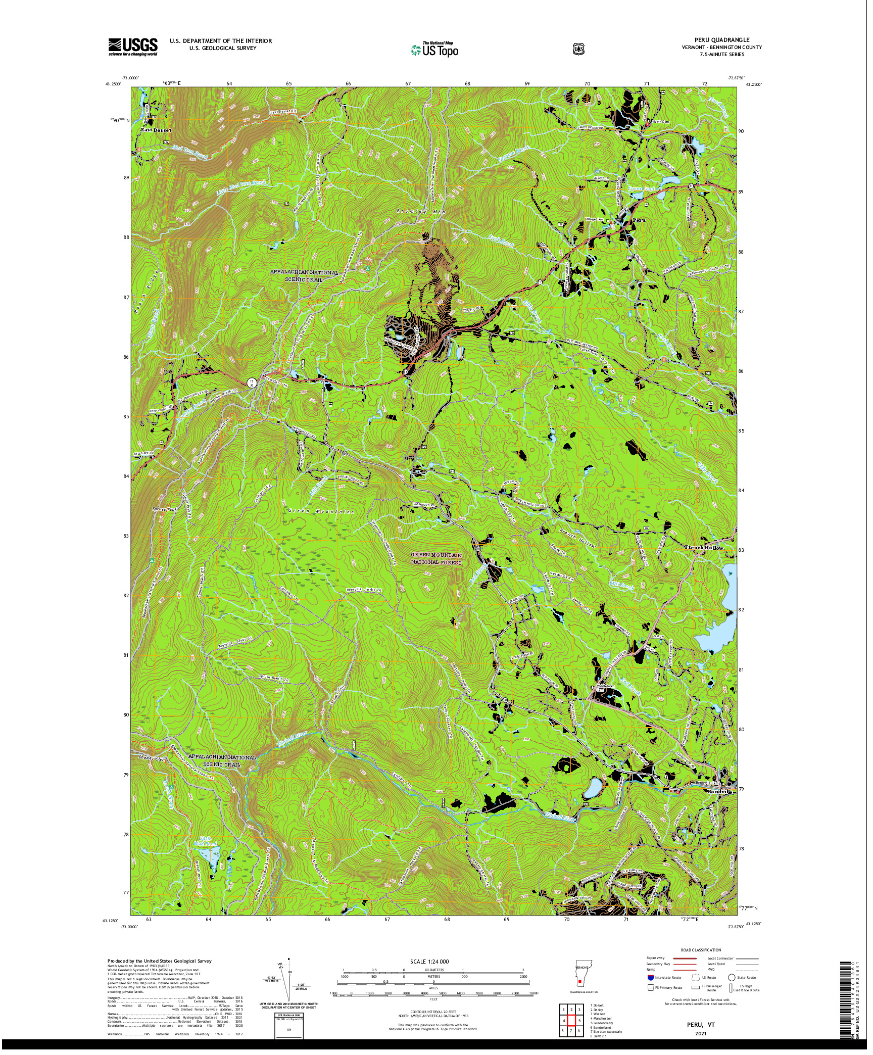 USGS US TOPO 7.5-MINUTE MAP FOR PERU, VT 2021