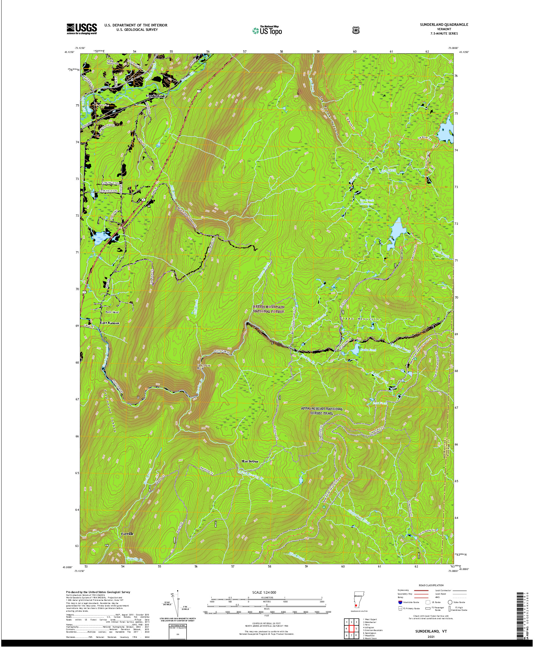USGS US TOPO 7.5-MINUTE MAP FOR SUNDERLAND, VT 2021