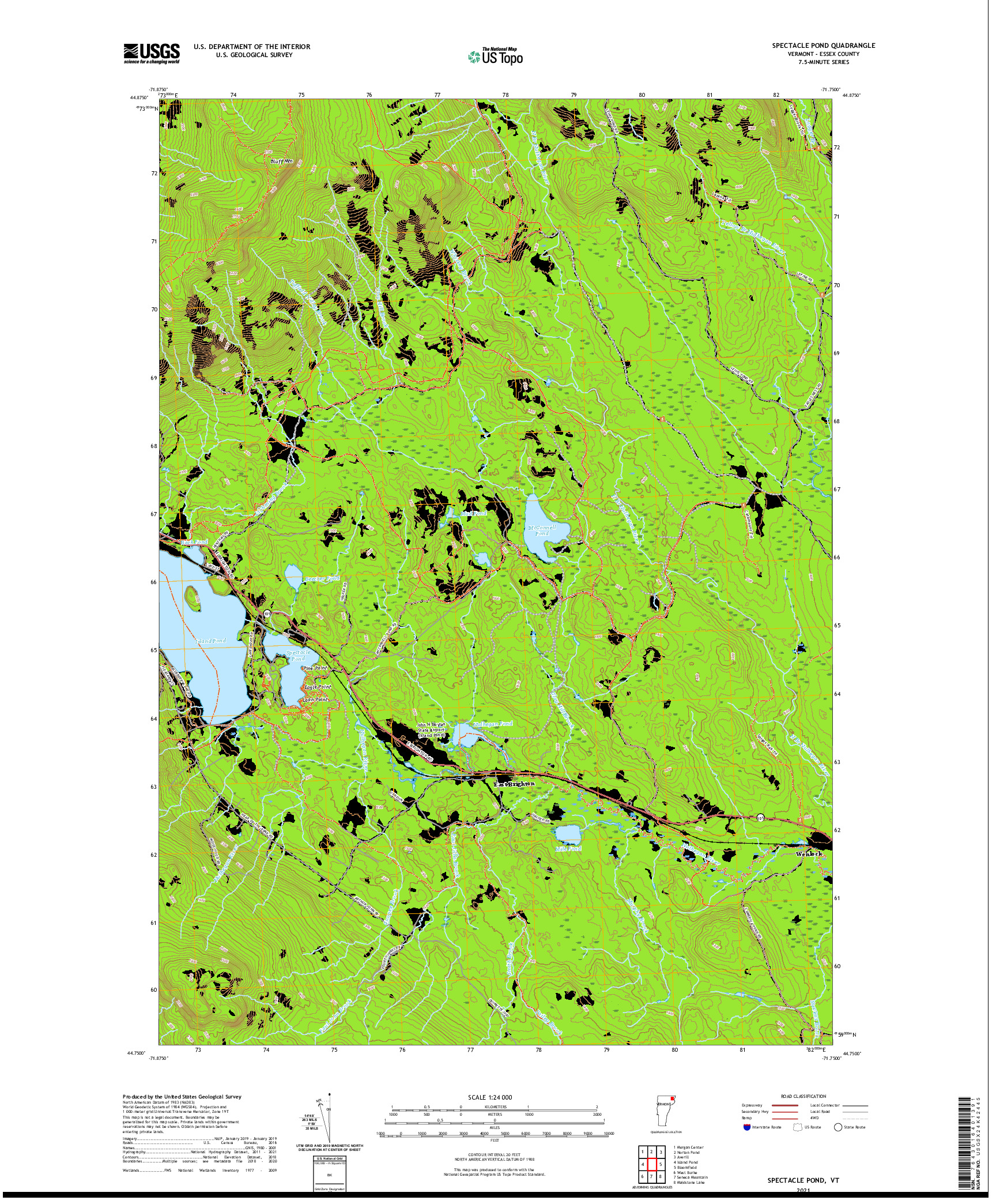 USGS US TOPO 7.5-MINUTE MAP FOR SPECTACLE POND, VT 2021