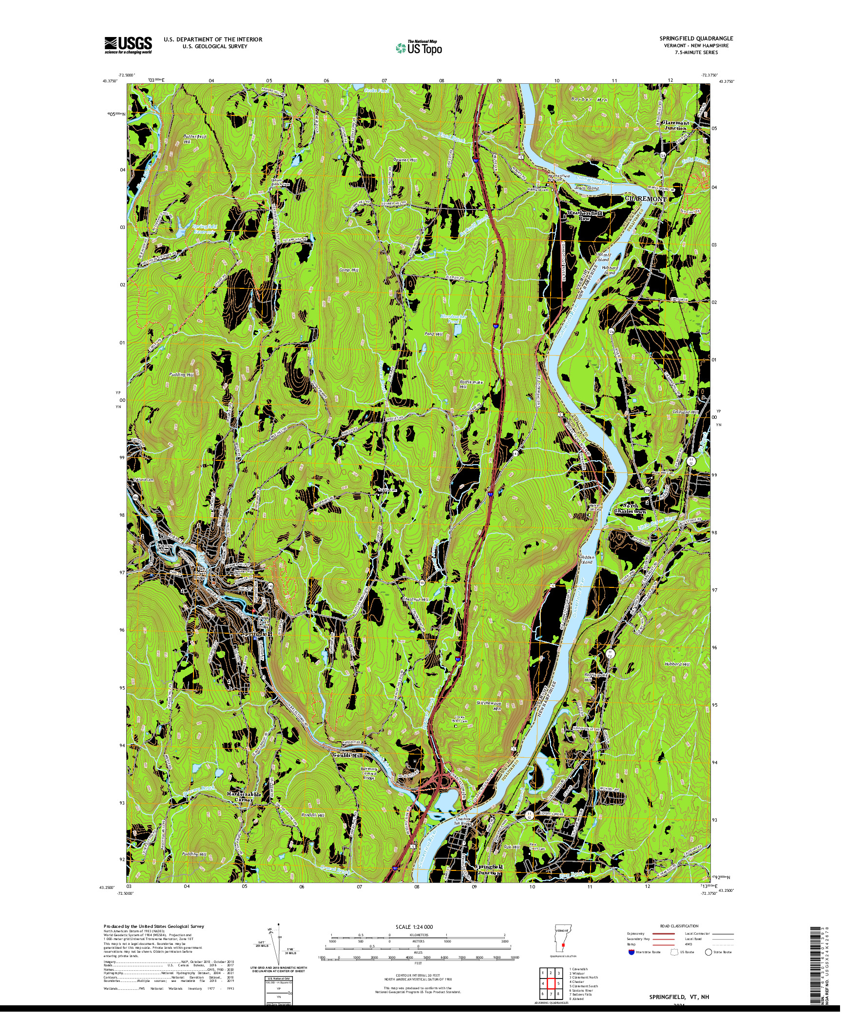 USGS US TOPO 7.5-MINUTE MAP FOR SPRINGFIELD, VT,NH 2021