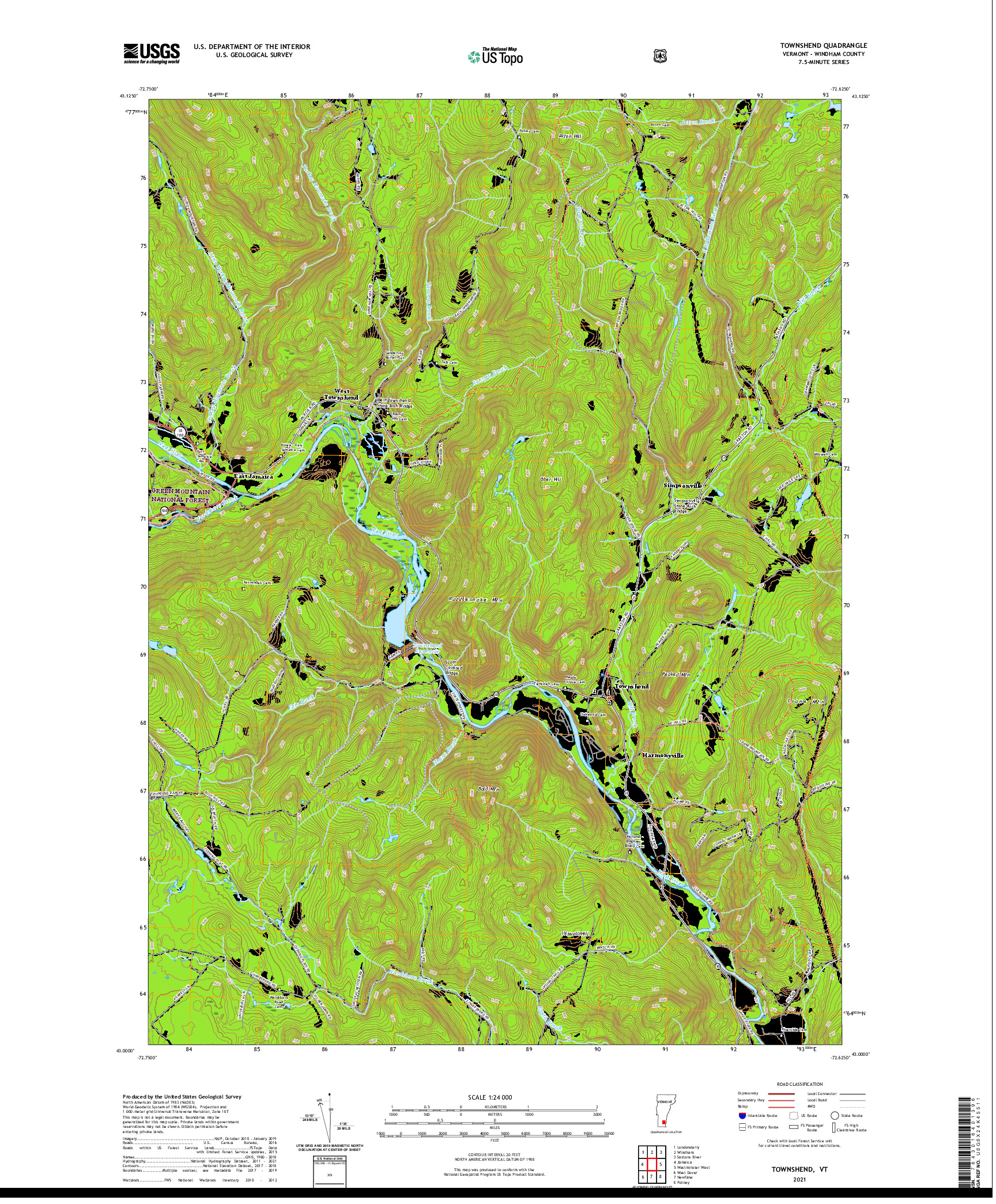 USGS US TOPO 7.5-MINUTE MAP FOR TOWNSHEND, VT 2021