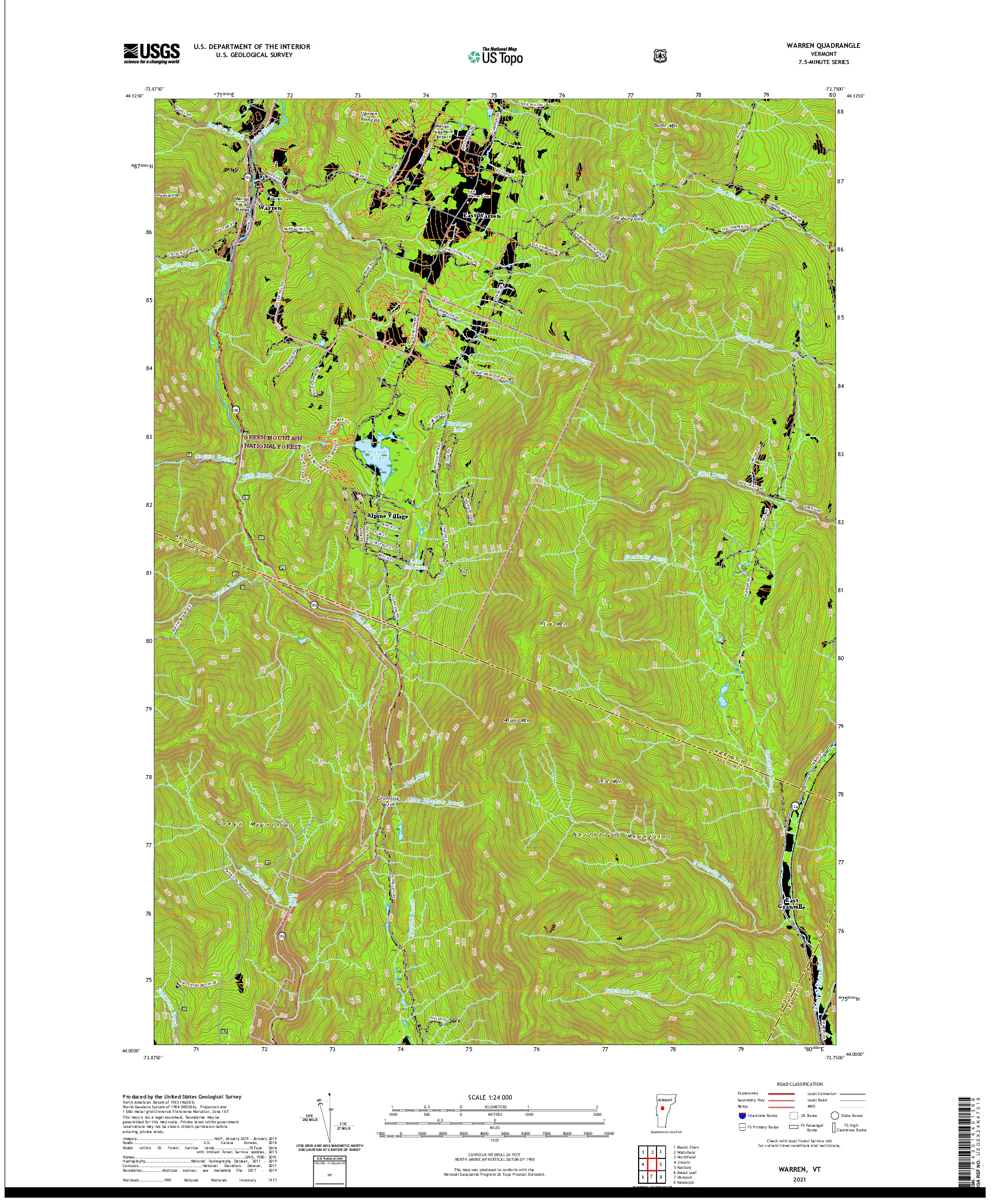 USGS US TOPO 7.5-MINUTE MAP FOR WARREN, VT 2021