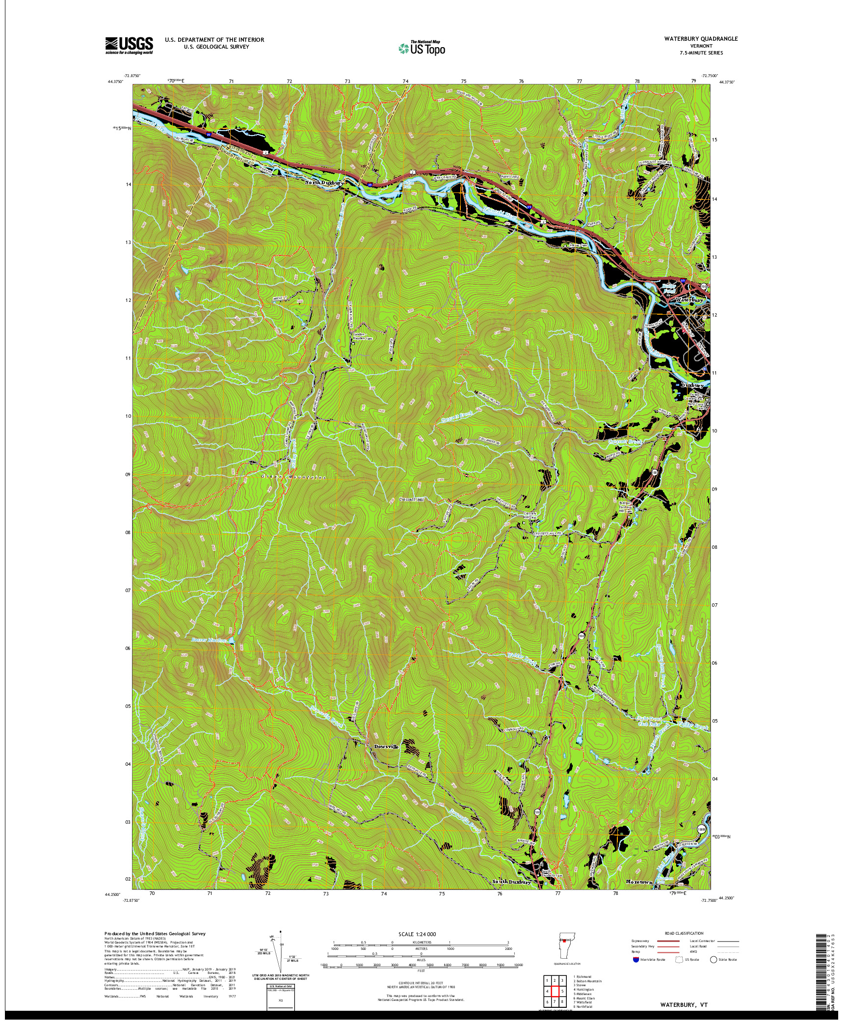 USGS US TOPO 7.5-MINUTE MAP FOR WATERBURY, VT 2021