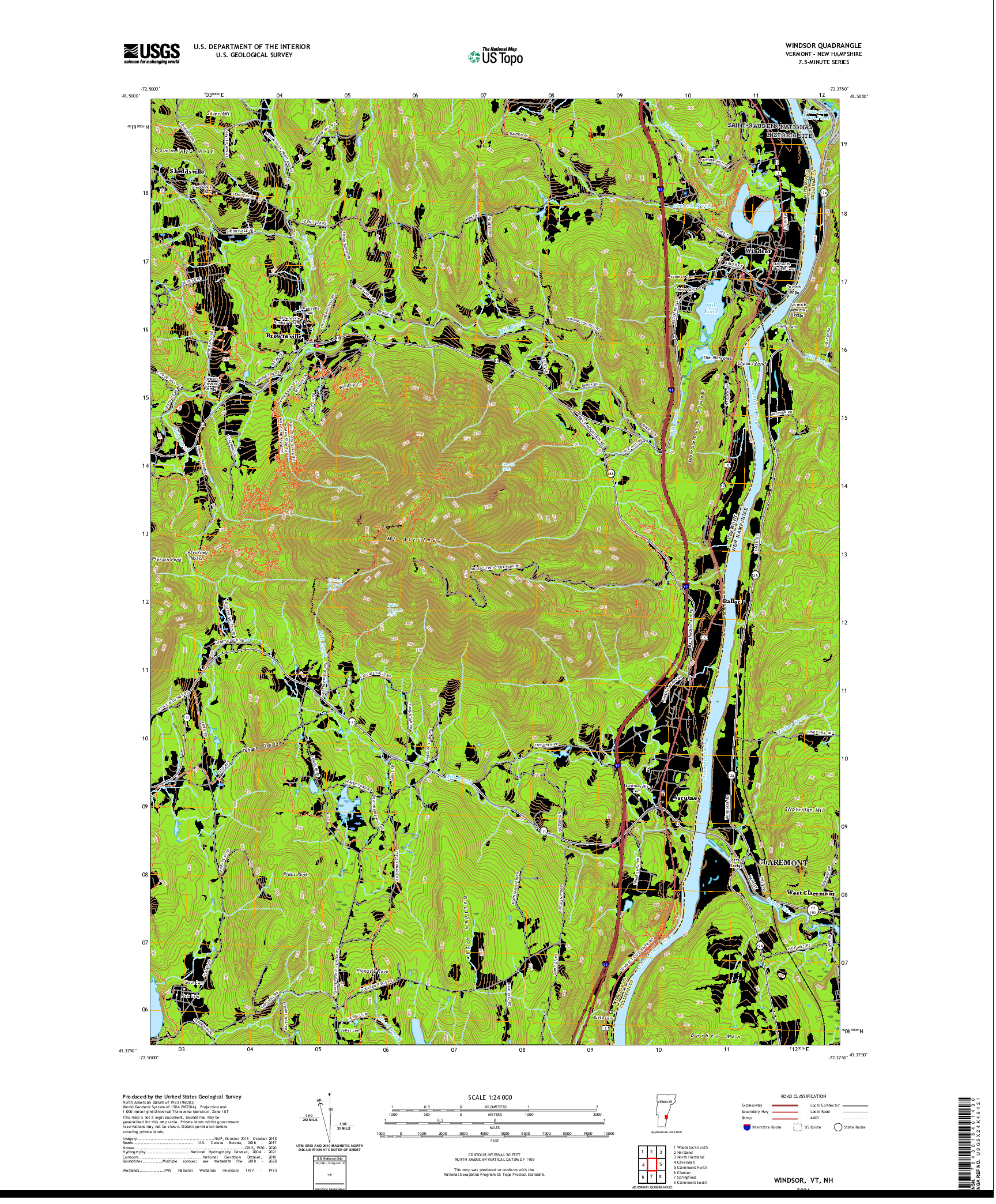 USGS US TOPO 7.5-MINUTE MAP FOR WINDSOR, VT,NH 2021