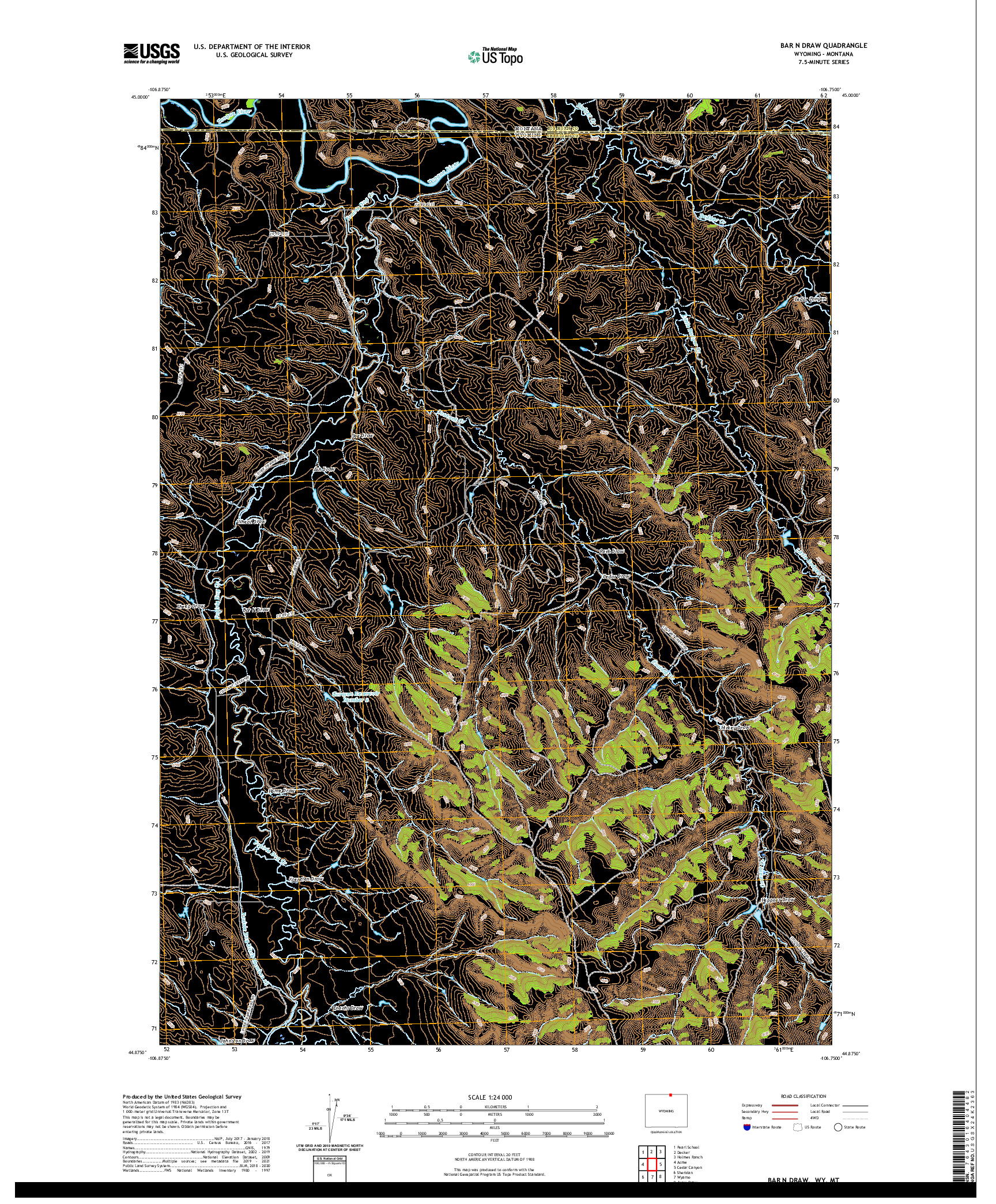 USGS US TOPO 7.5-MINUTE MAP FOR BAR N DRAW, WY,MT 2021