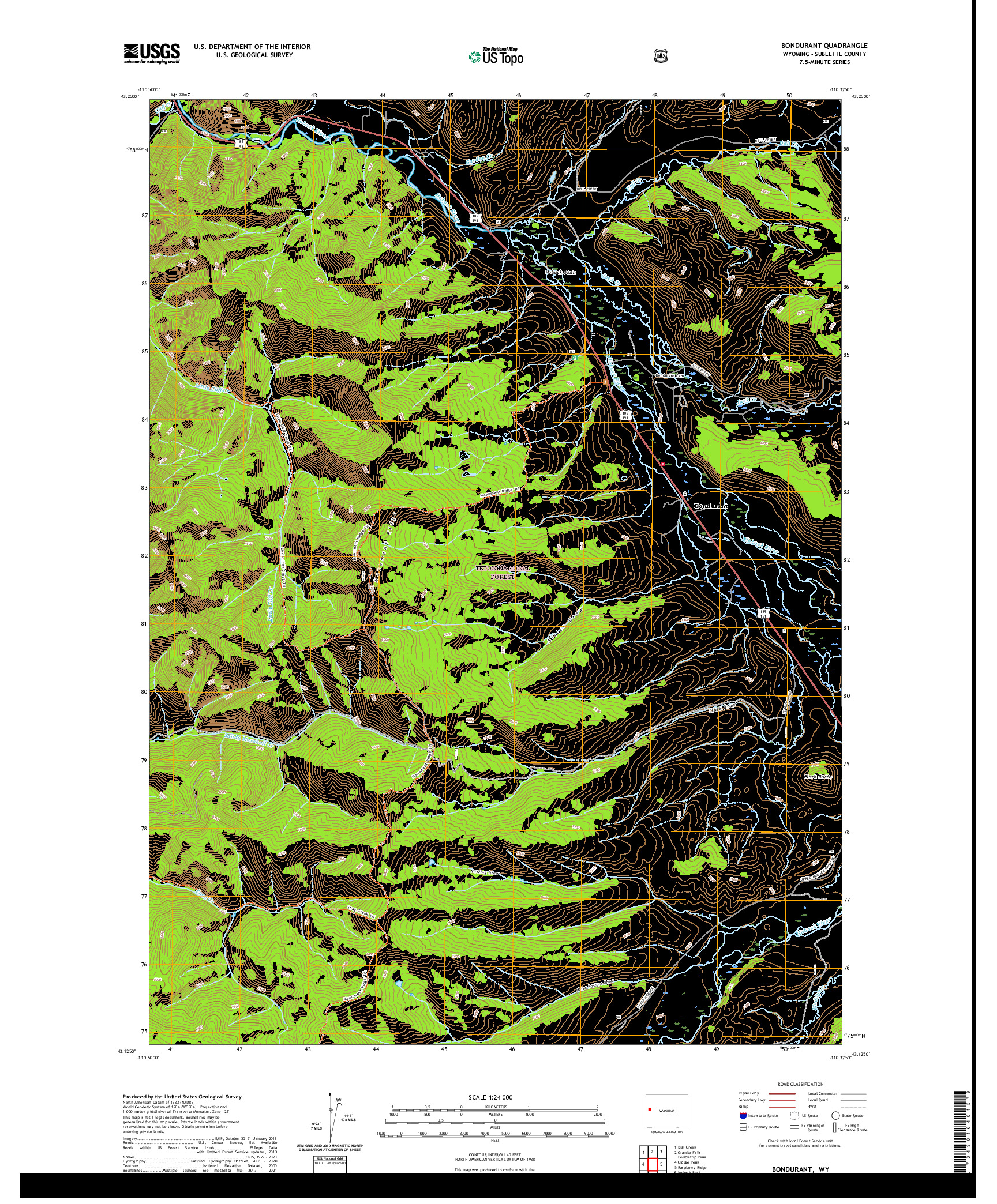 USGS US TOPO 7.5-MINUTE MAP FOR BONDURANT, WY 2021